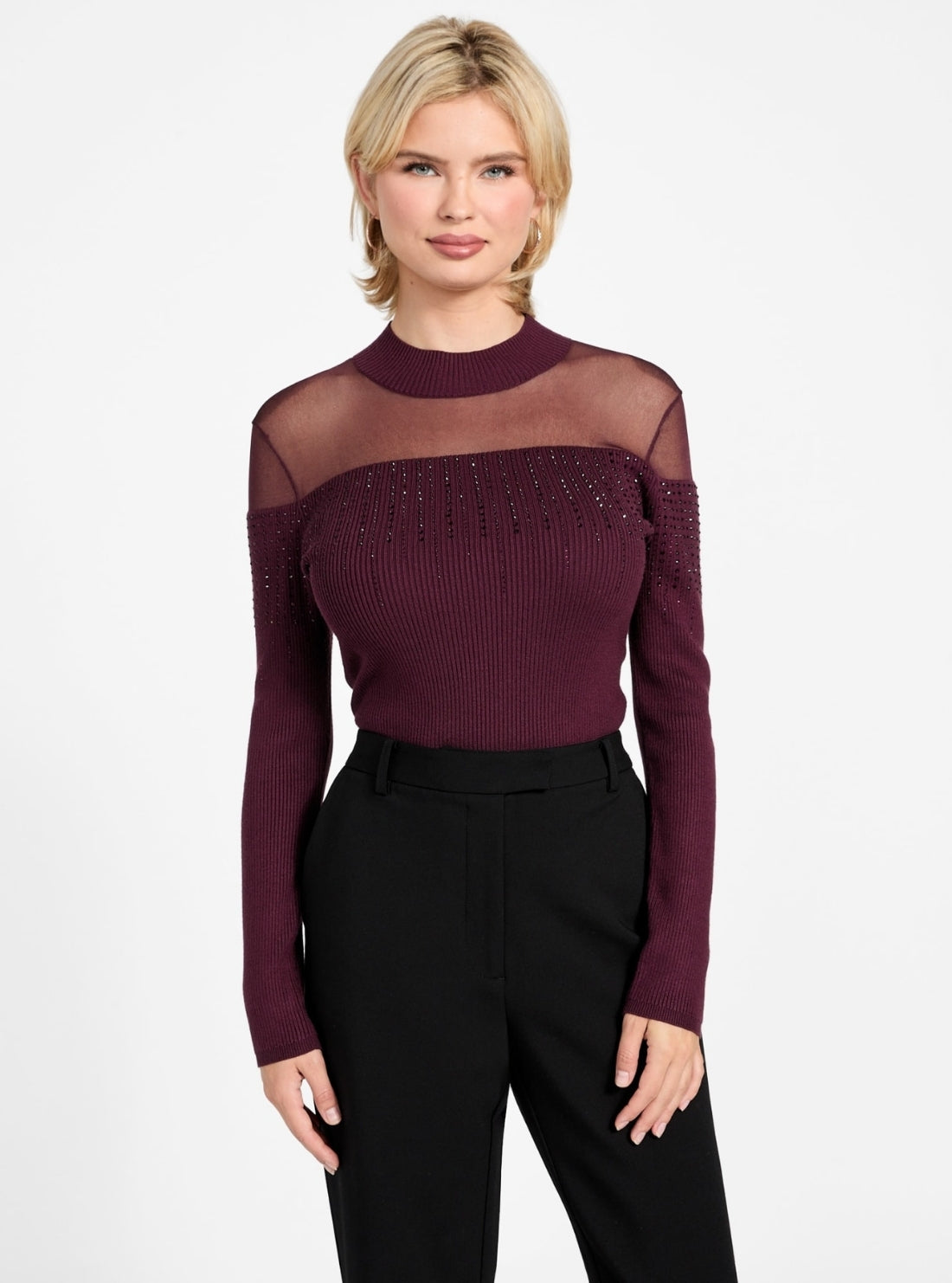 GUESS Womens Eco Red Jeena Embellished Rib Sweater W6RR70Z2YK2 Front View