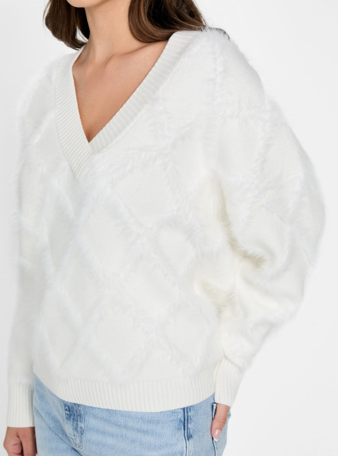 GUESS Womens White Zoe Diamond Knit Sweater W6RR71Z2MK0 Detail View