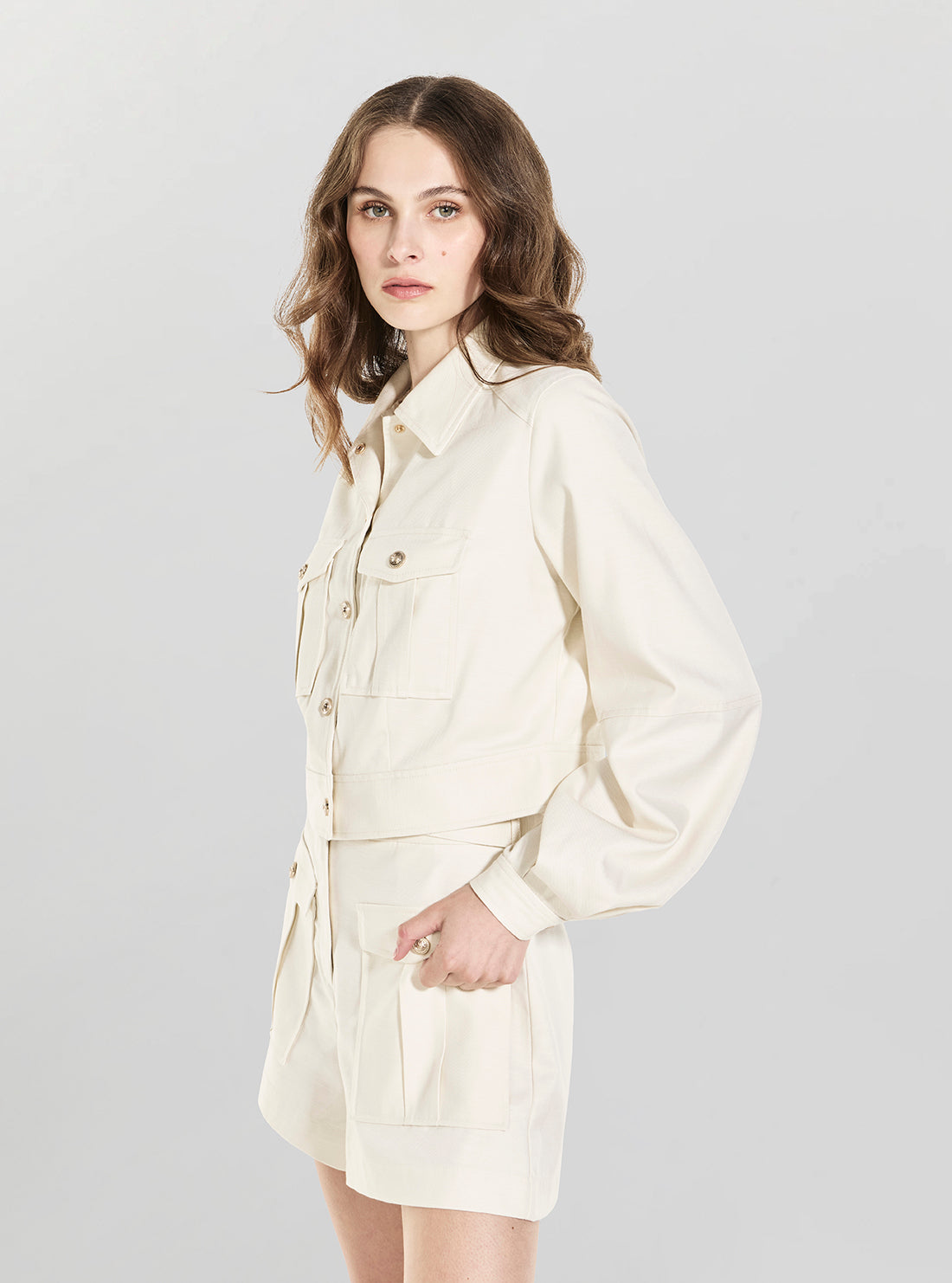 GUESS Womens Eco White Beatrice Crop Shacket W6YD17W2942 Side View