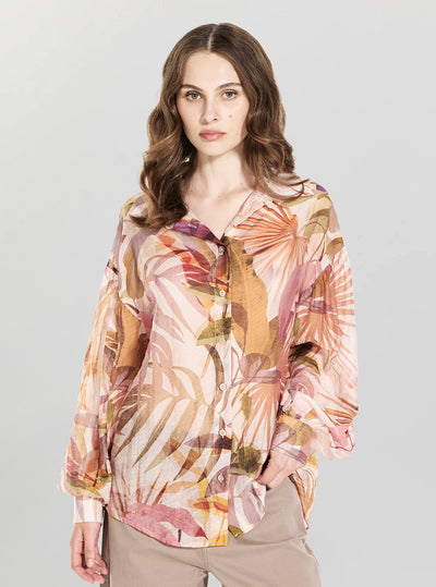 GUESS Womens Sarika Palm Print Imma Relaxed Shirt W6YH25W2947 Front View