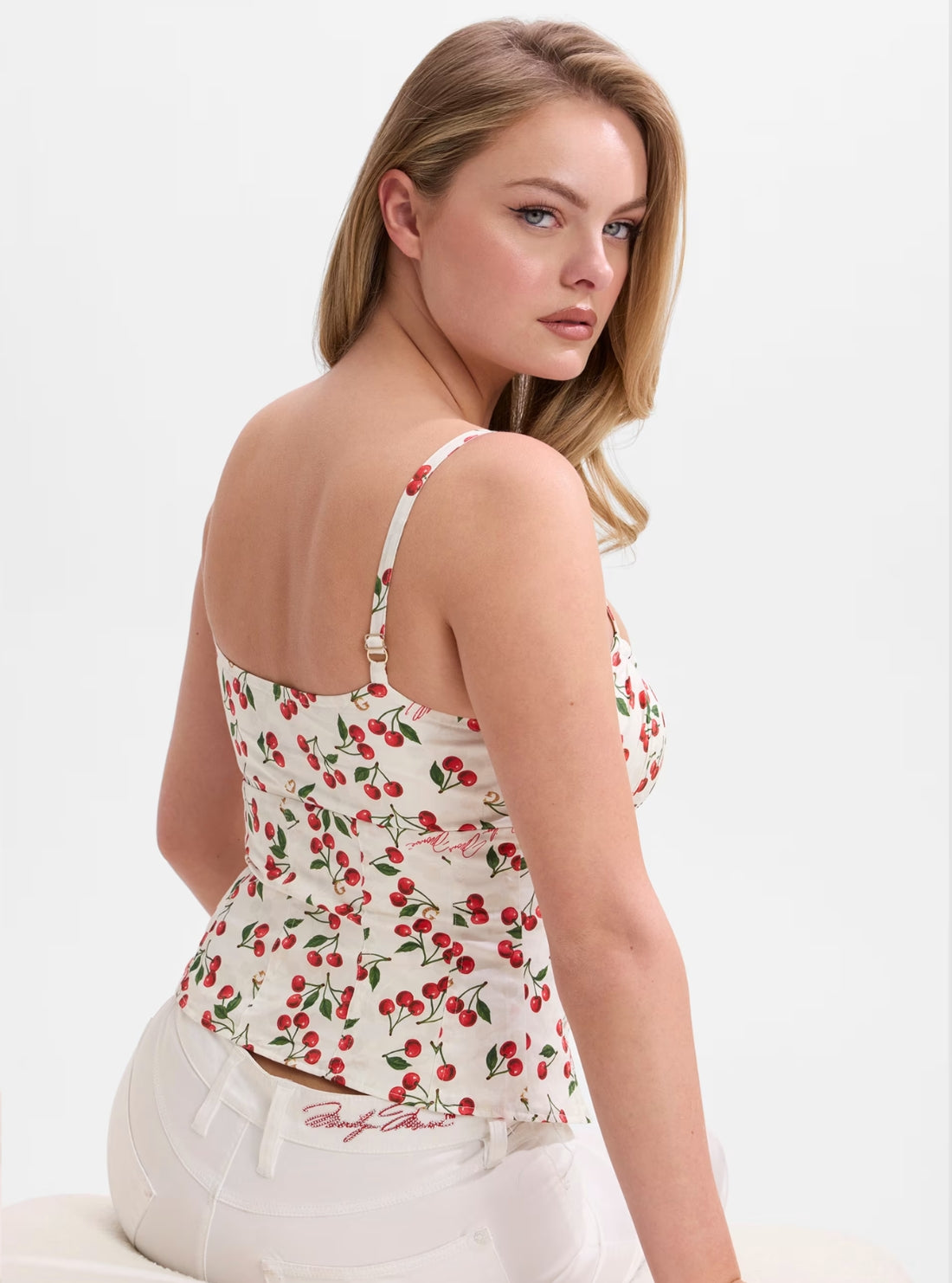 GUESS Womens Red Cherries Print Marilyn Bustier Top W6YH97W4497 Back View