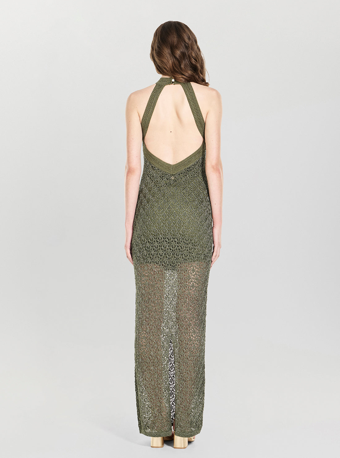 GUESS Womens Green Serina Lurex Maxi Dress W6YK53Z1031 Back View