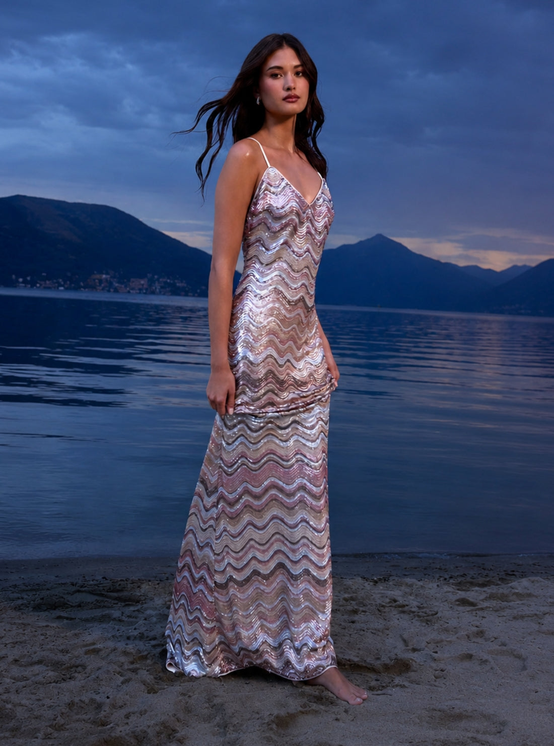 GUESS Womens Multicolor Wave Sequins Marcelle Maxi Dress W6YK91K4910 Model View