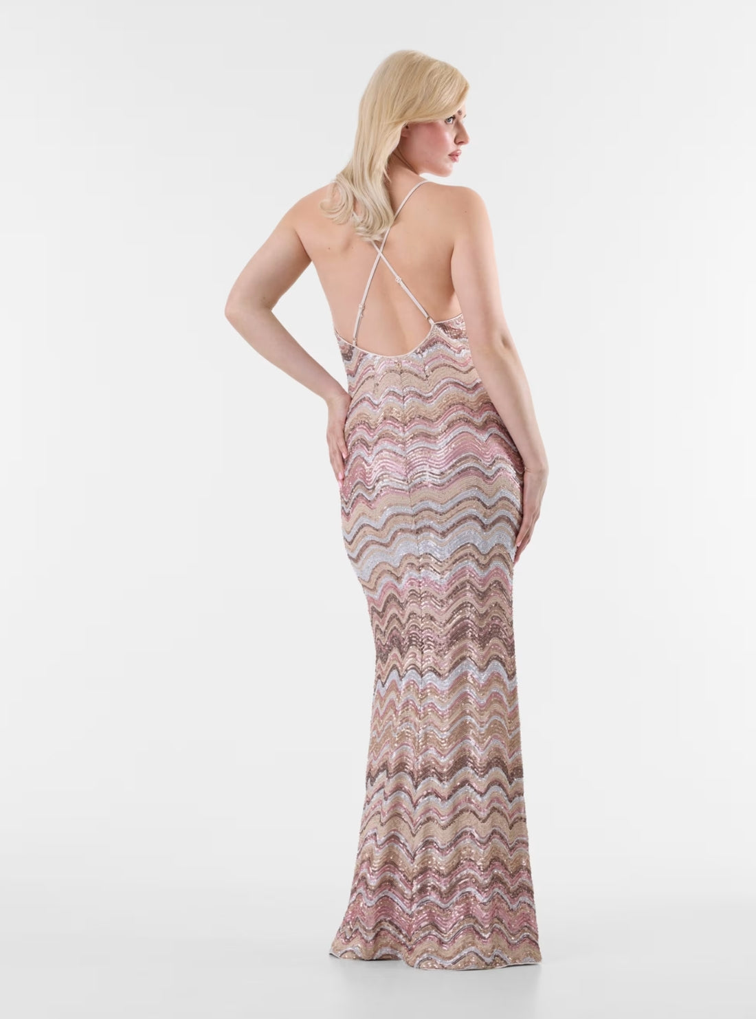 GUESS Womens Multicolor Wave Sequins Marcelle Maxi Dress W6YK91K4910 Back View