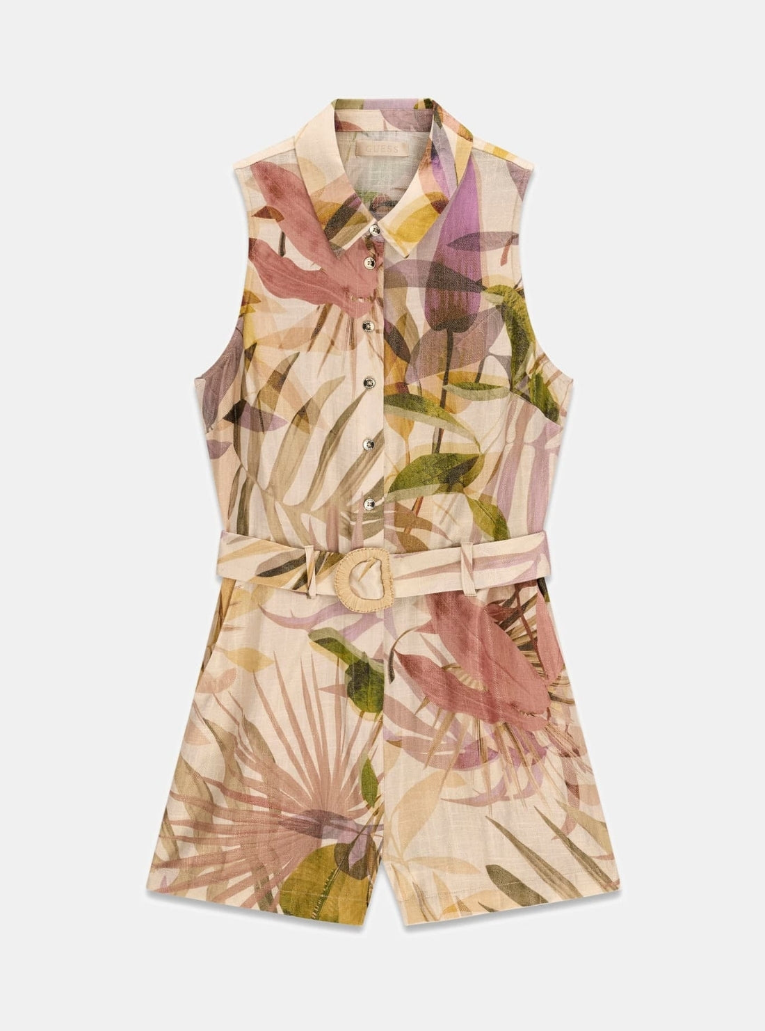 GUESS Womens Sarika Palm Print Jamie Linen Romper W6YKAEW3622 Flatlay