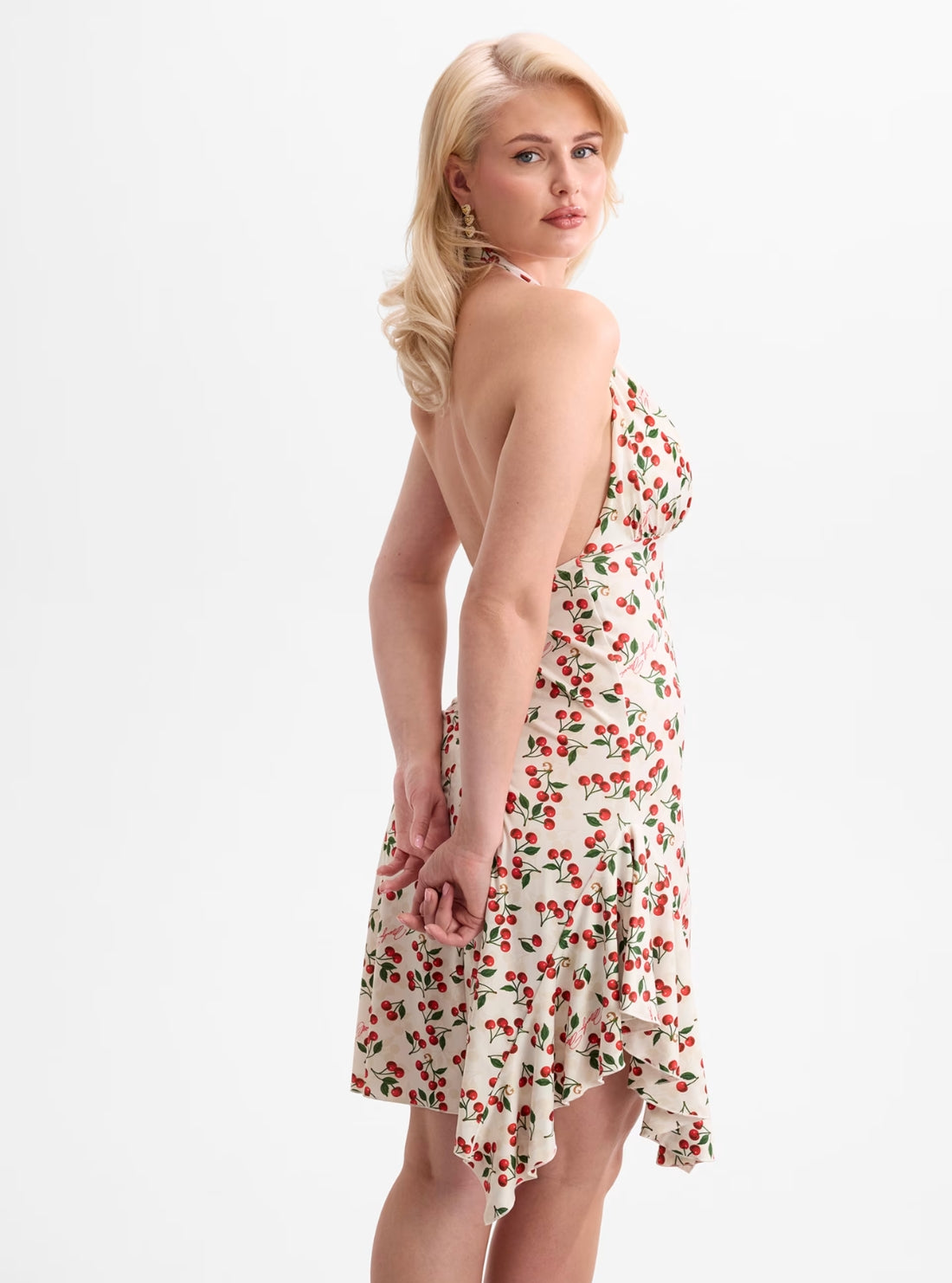 GUESS Womens Red Cherries Print Halter Neck Dress W6YKAVK6706 Side View2