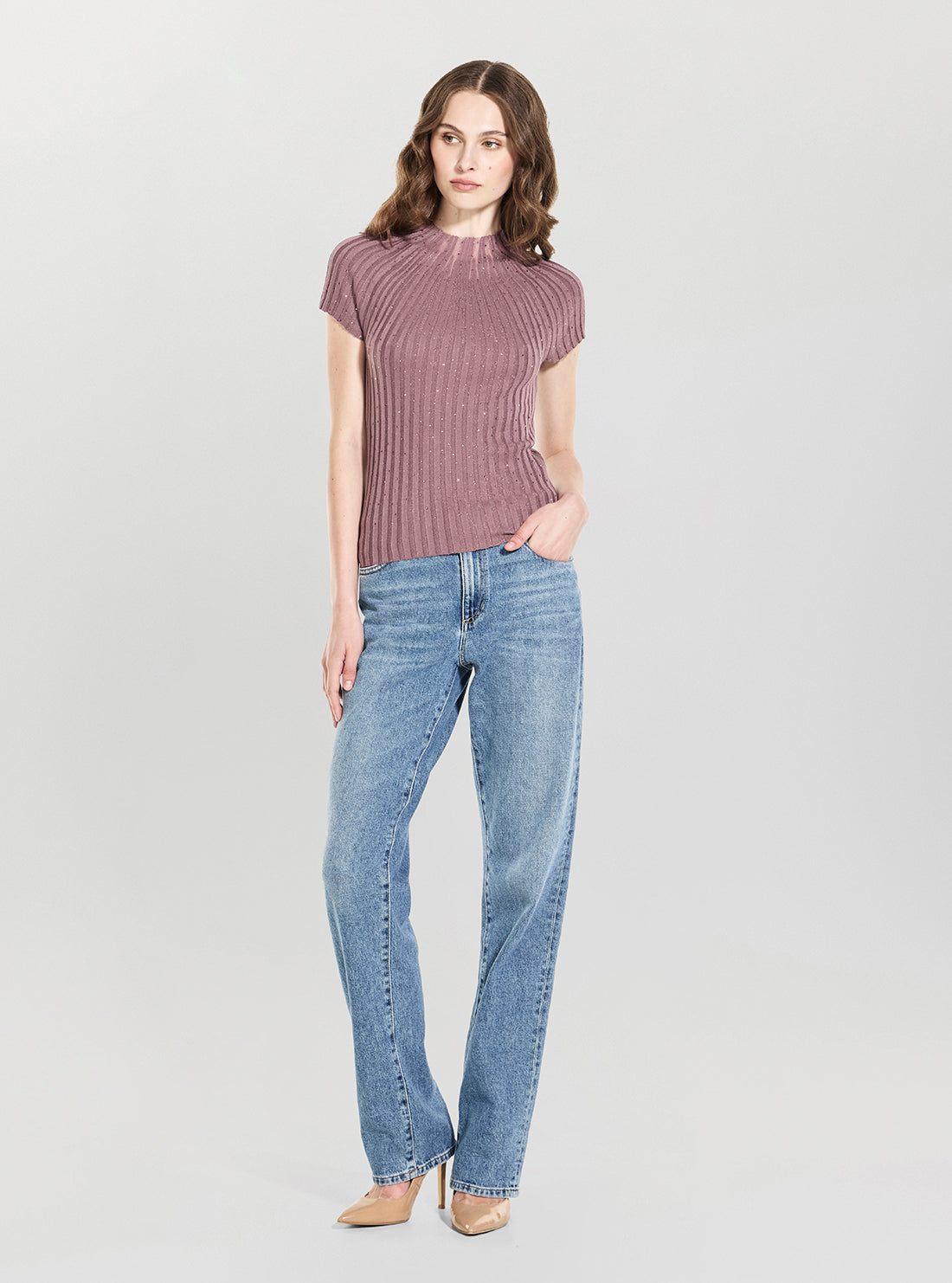 GUESS Womens Purple Perilla Ribbed Sweater W6YR31Z1023 Full View