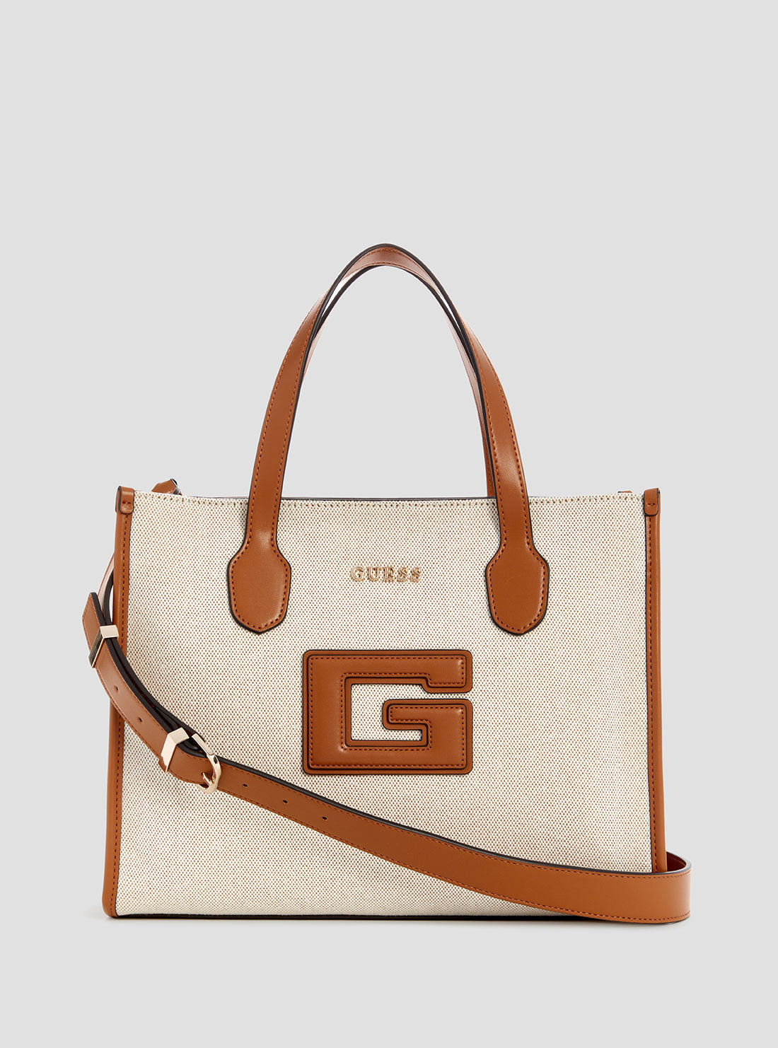 GUESS Womens Beige Brown G Status Double Compartment Tote Front View