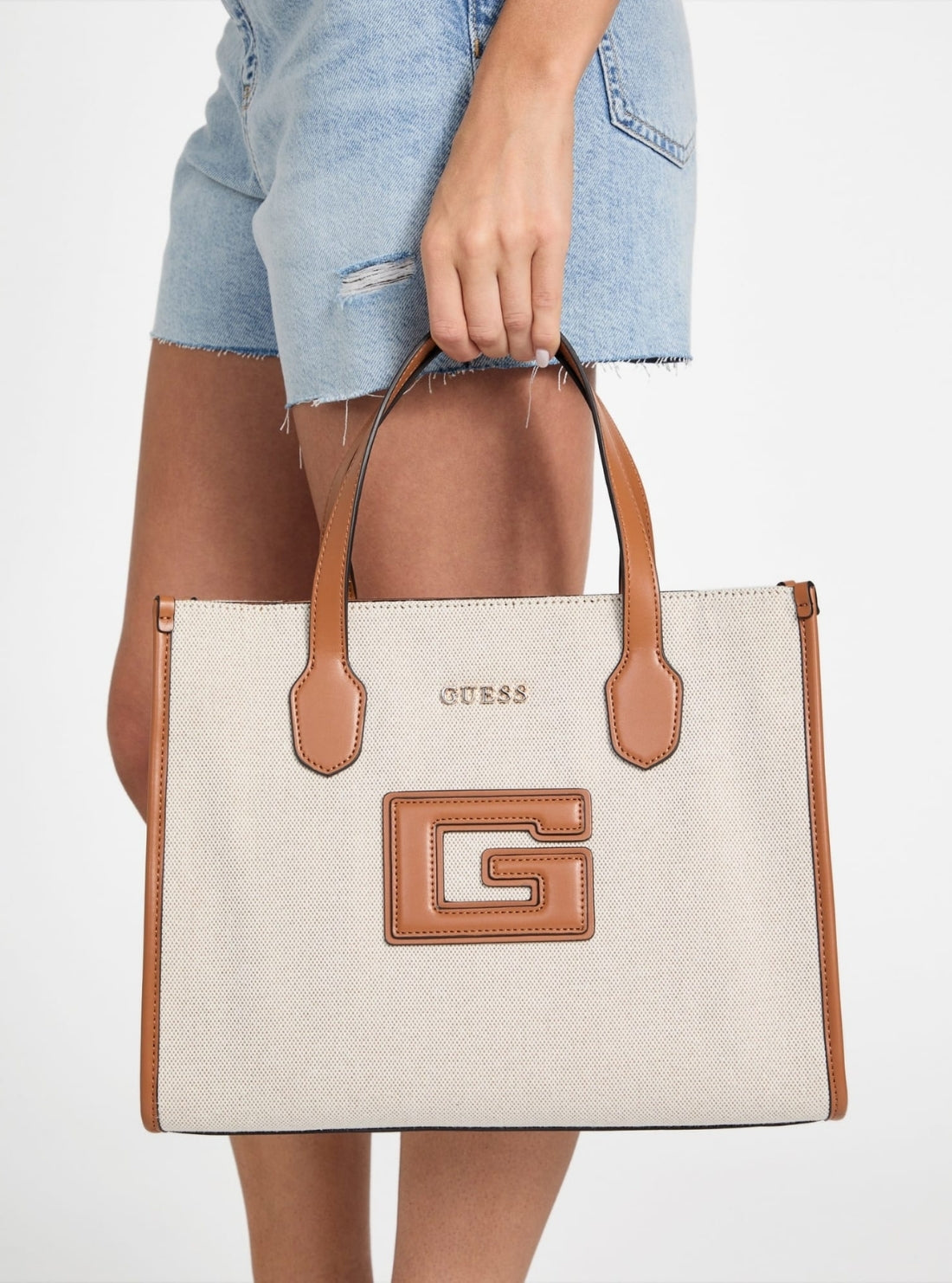 GUESS Womens Beige Brown G Status Double Compartment Tote WG919822 Model View