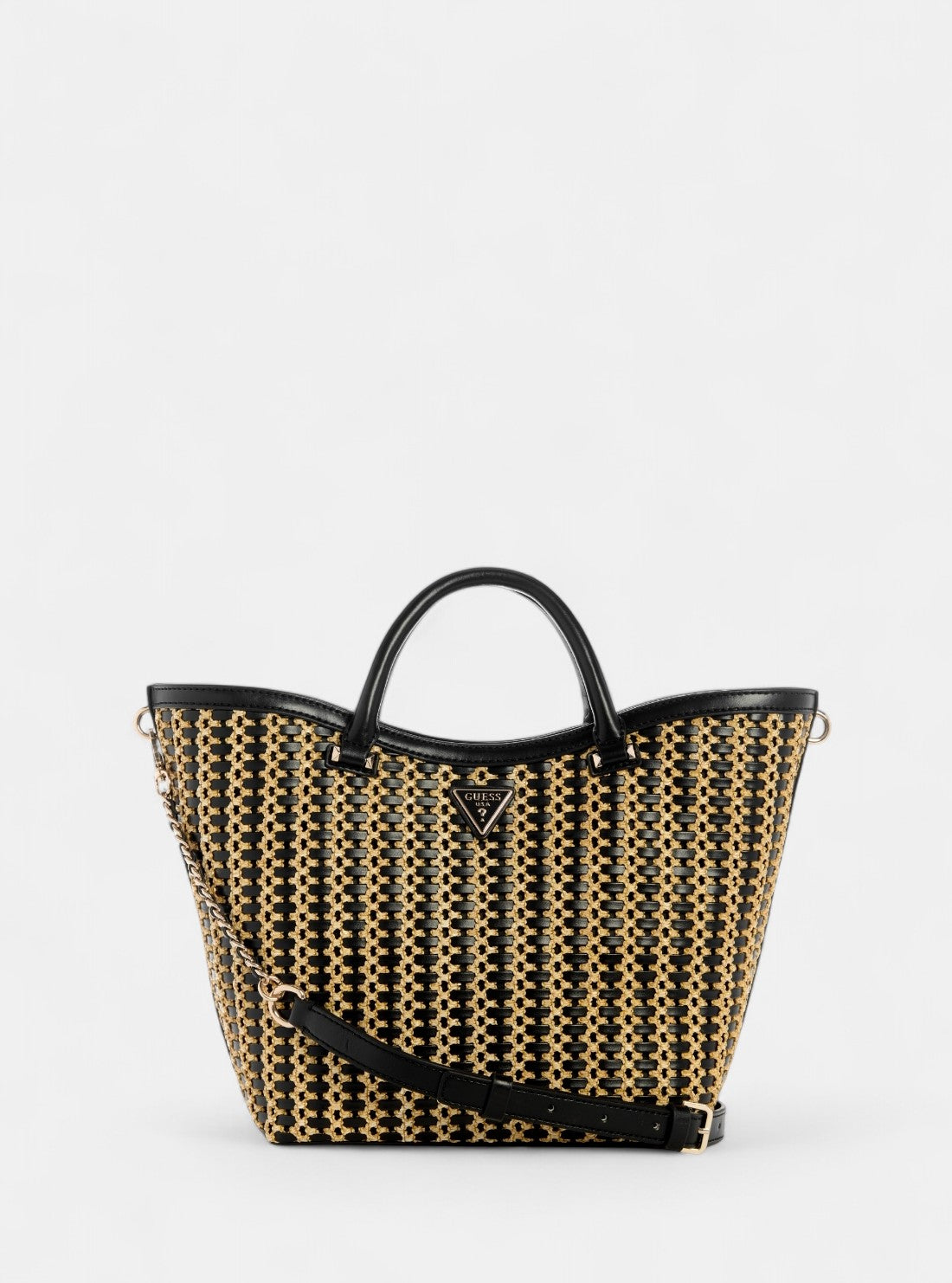 GUESS Womens Beige Black Atalia Raffia Tote Bag WG964722 Front View
