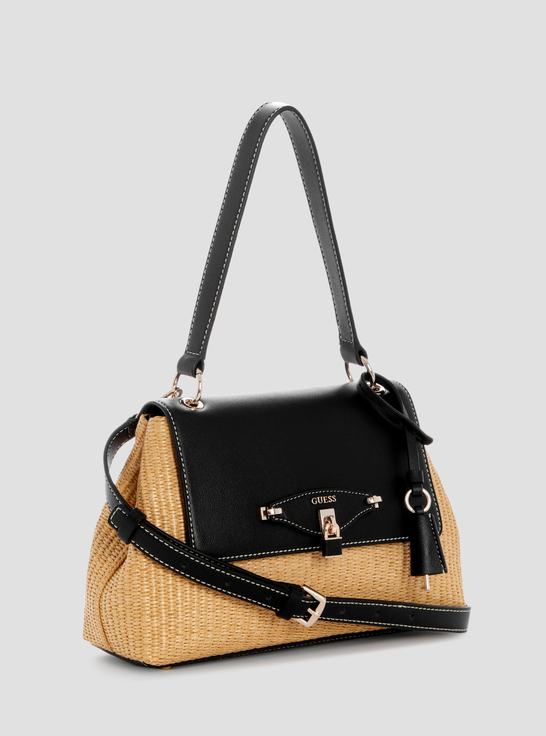 GUESS Womens Natural Black Maggie Straw Flap Shoulder Bag WG975319 Side View