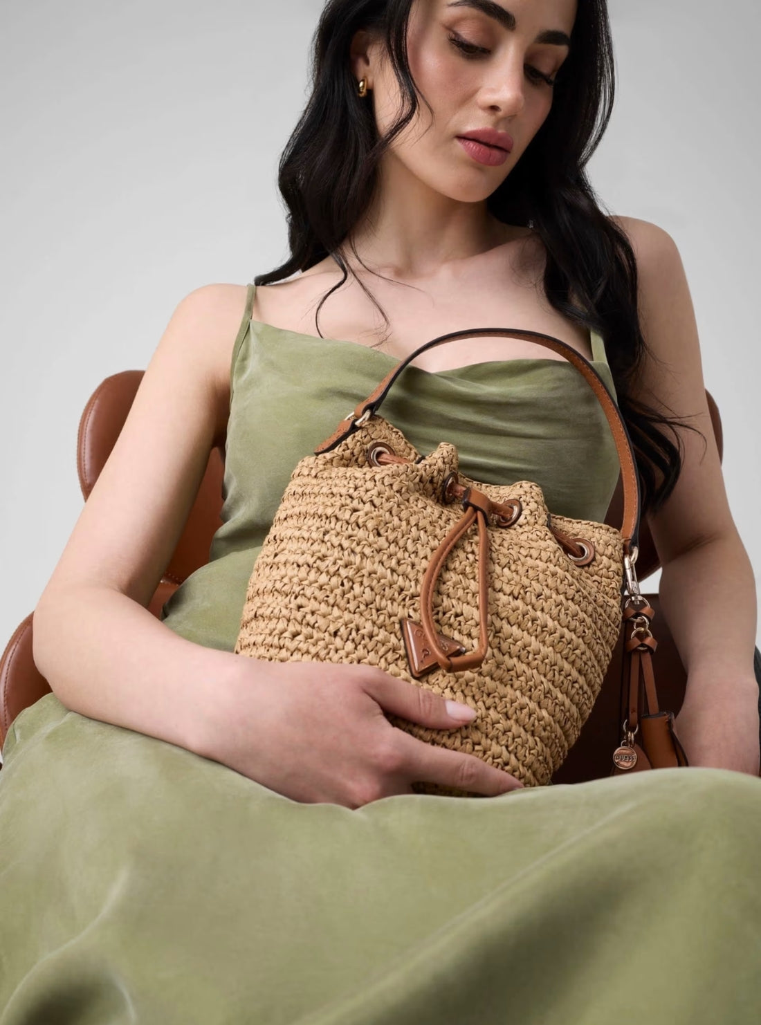 GUESS Womens Brown Ofelia Top Handle Bucket Bag WG992303 Model View2