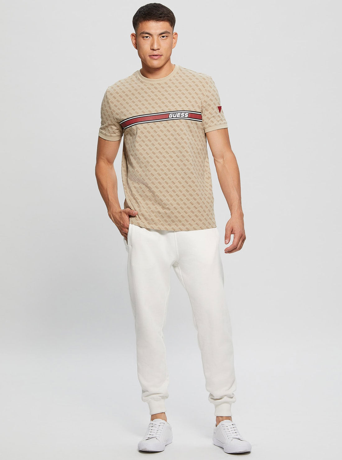 Eco Beige Logo Jamey Active T-Shirt | GUESS Men's Apparel | full view