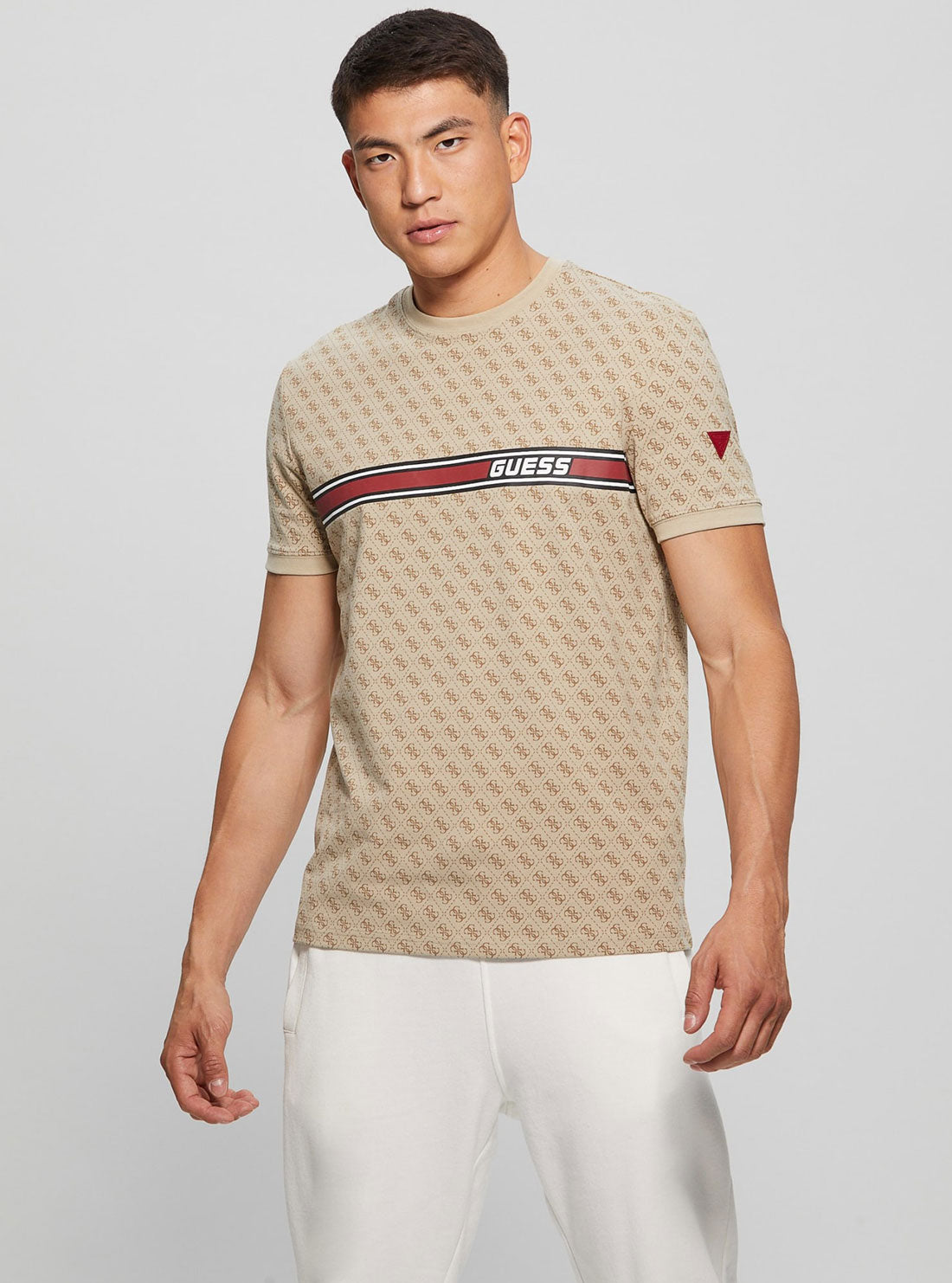 Eco Beige Logo Jamey Active T-Shirt | GUESS Men's Apparel | front view