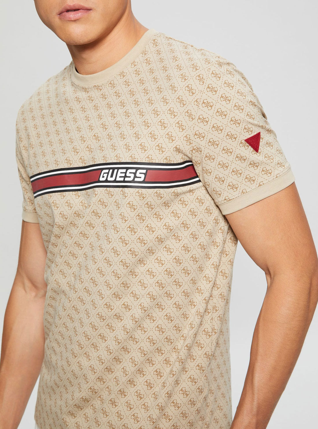 Eco Beige Logo Jamey Active T-Shirt | GUESS men's apparel | detail view