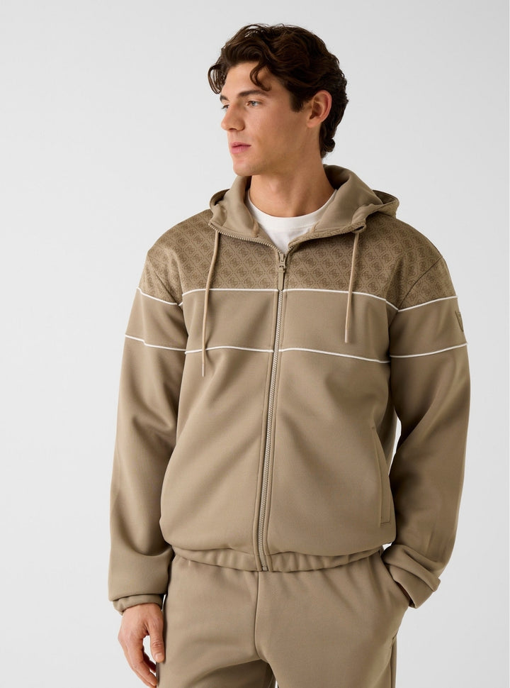 GUESS Mens Beige Anoki 4G Zip Hoodie Active Sweatshirt Z6RQ13KD472 Front View