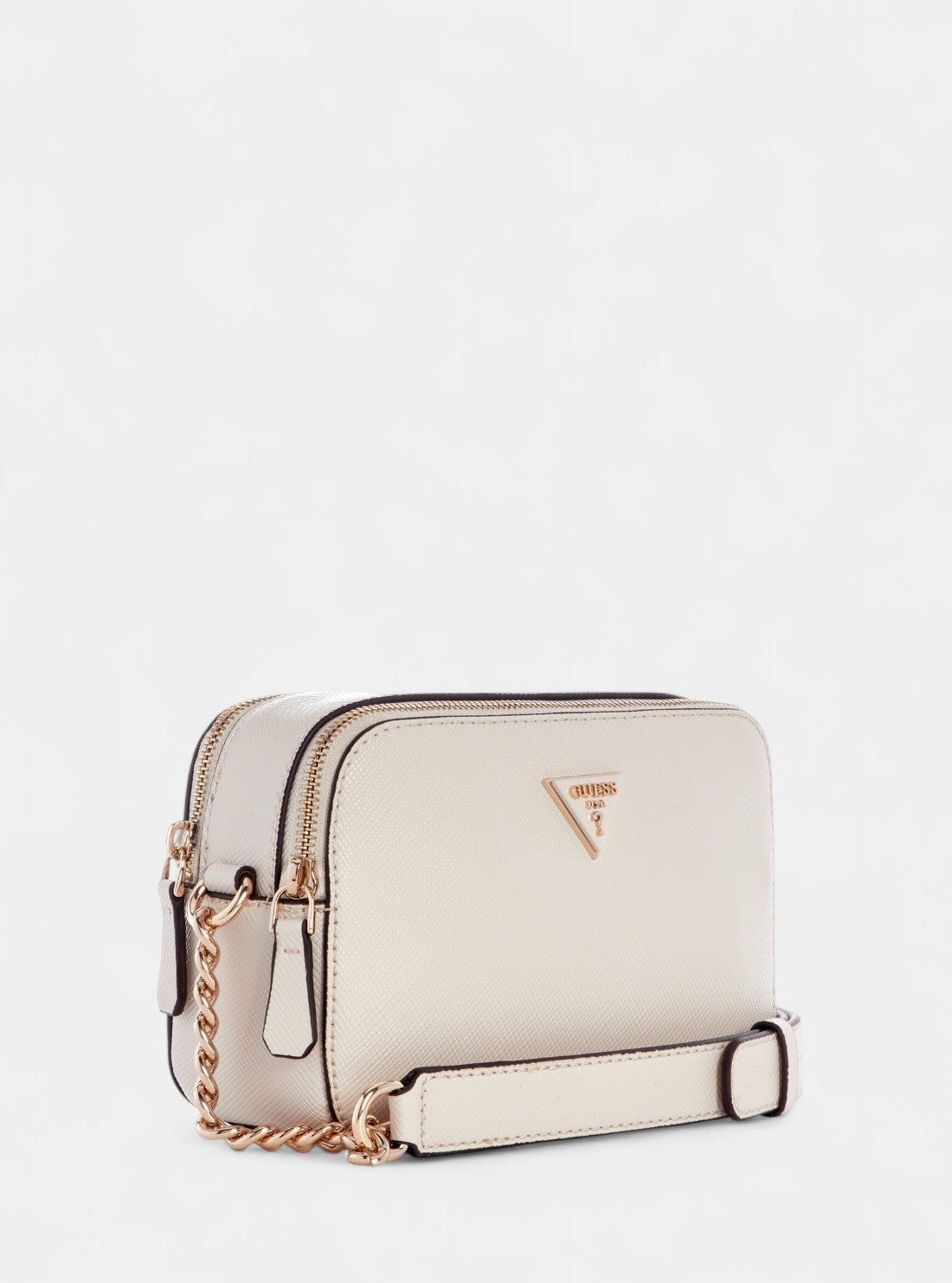 GUESS Womens Beige Noelle Double Zip Camera Crossbody Bag ZG967213 Front Side View