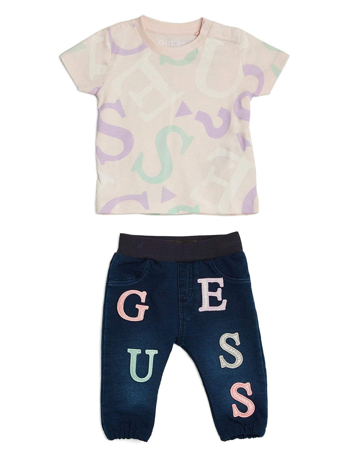 GUESS Baby Girl Purple Allover G Logo T-Shirt And Pants 2-Piece Set (0-12m) H2YI02K5M20 Front View