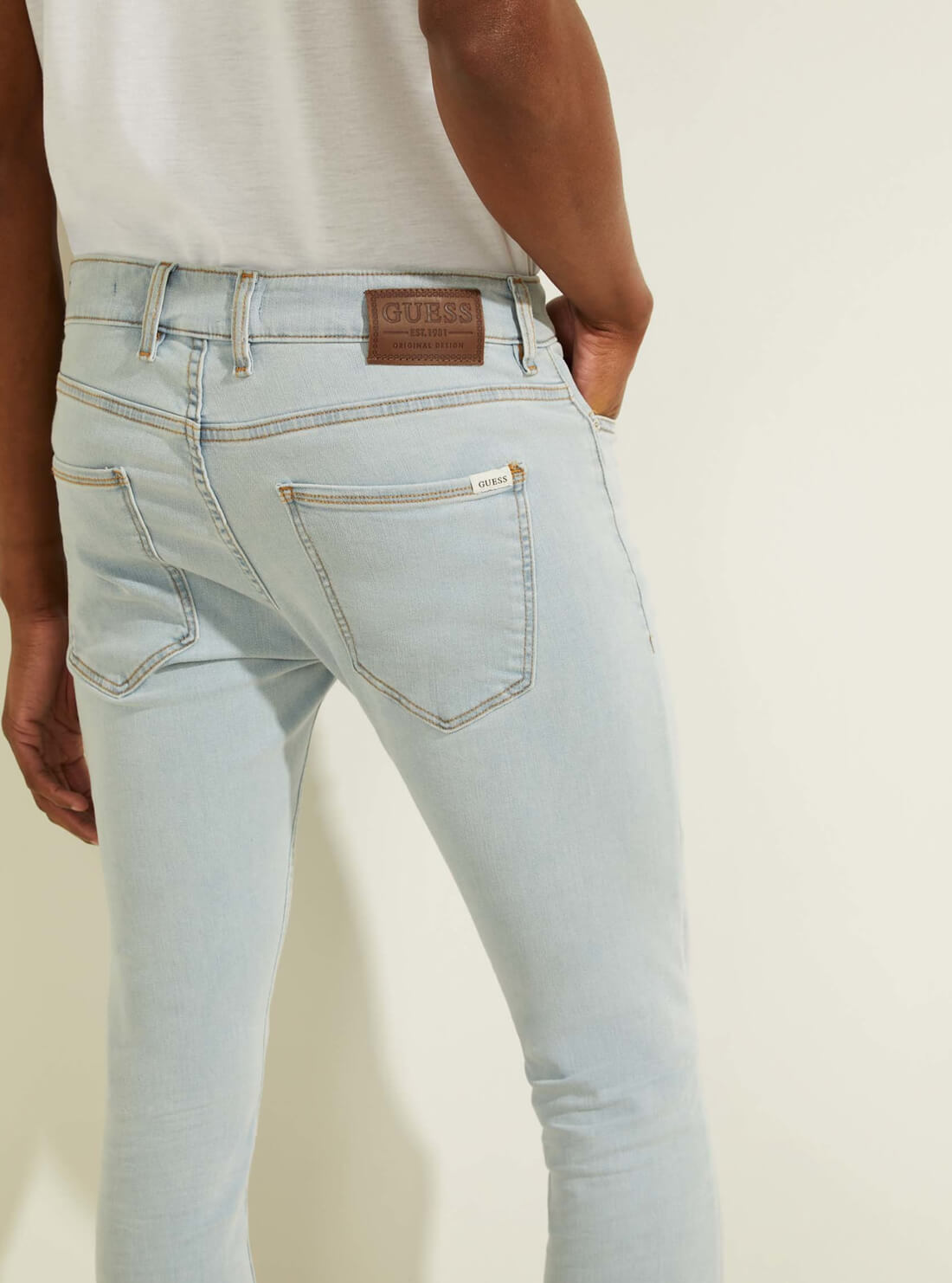 GUESS Mens Eco Low-Rise Super Skinny Denim Jeans in Light Wash M0YAN4R3UU0 Back Detail View