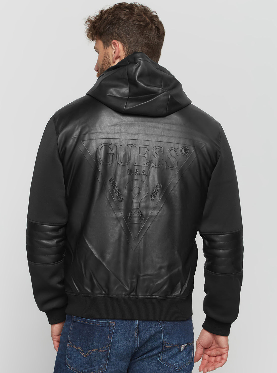 GUESS Men's Black Downtown Faux Leather Bomber Jacket M2BL22WEZ20 Back View