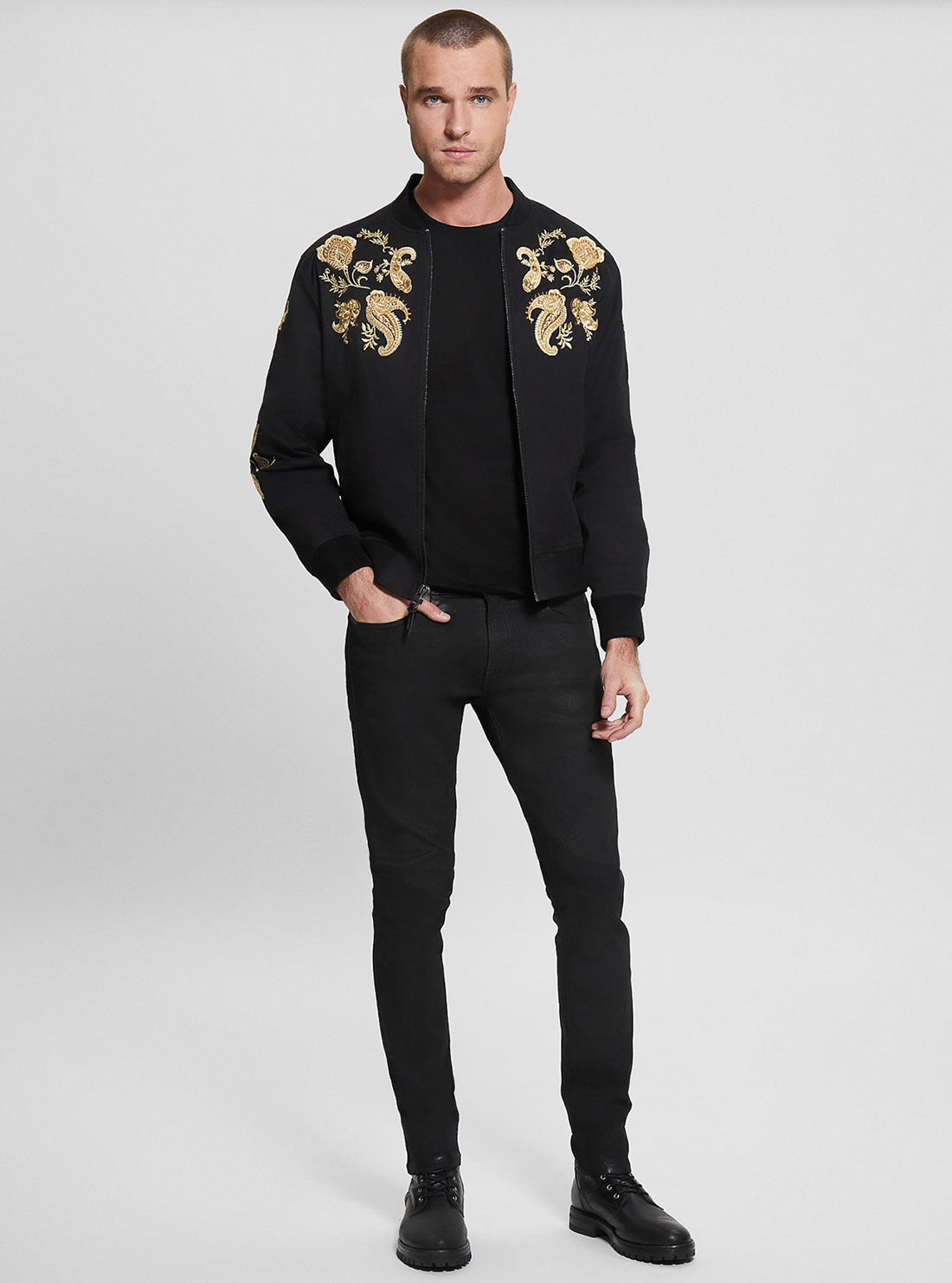 GUESS Men's Black Maxim Embroidered Bomber Jacket M3RL48RDYK0 Full View