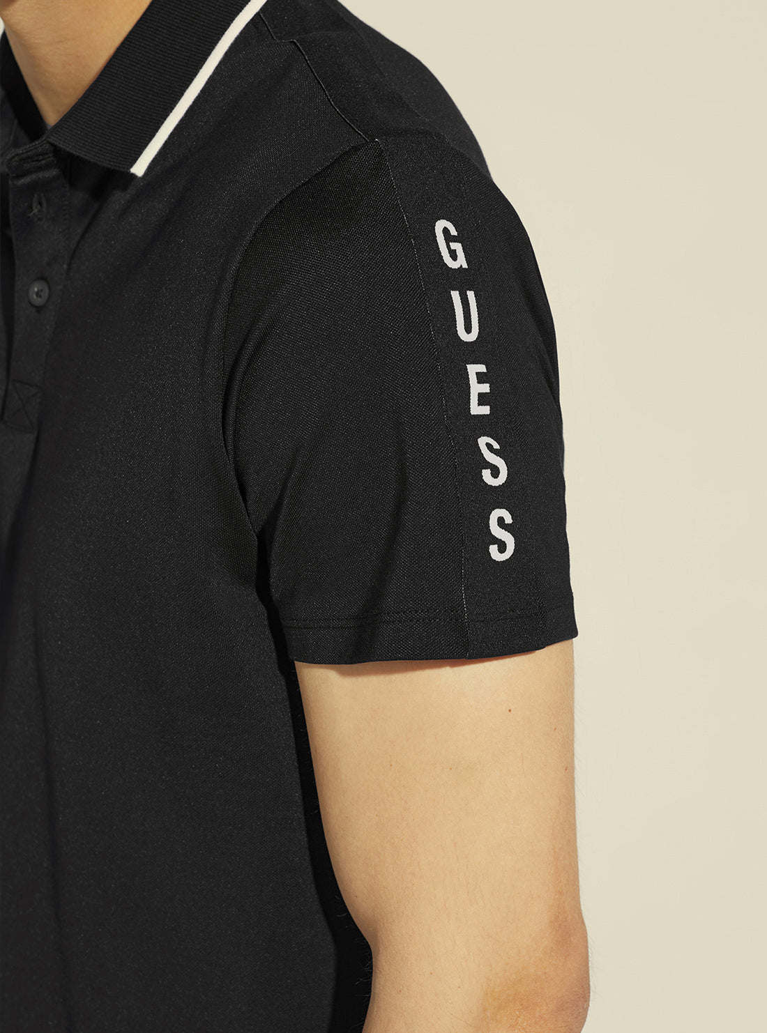 GUESS Men's Black Paul Pique Tape Polo T-Shirt M2YP25KARS0 Detail View
