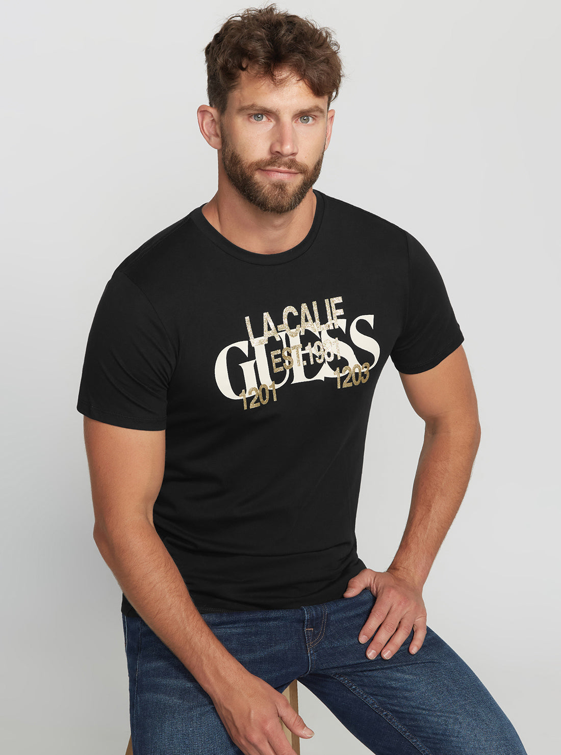 GUESS Men's Eco Black LA Cali Logo T-Shirt M2BI76K9RM4 Seated View