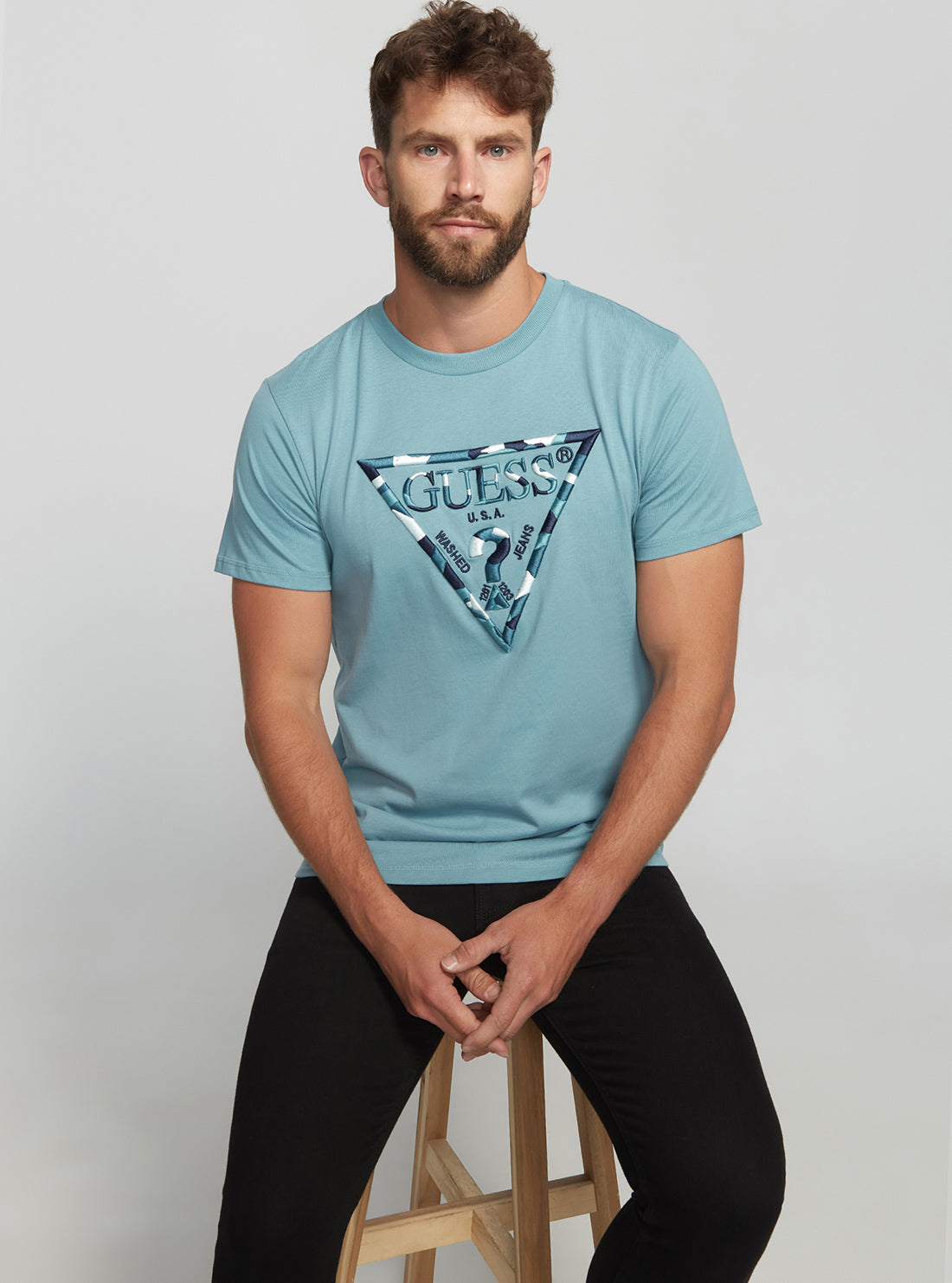 GUESS Men's Eco Blue Gad Logo T-Shirt M2BI33K8FQ4 Seated View