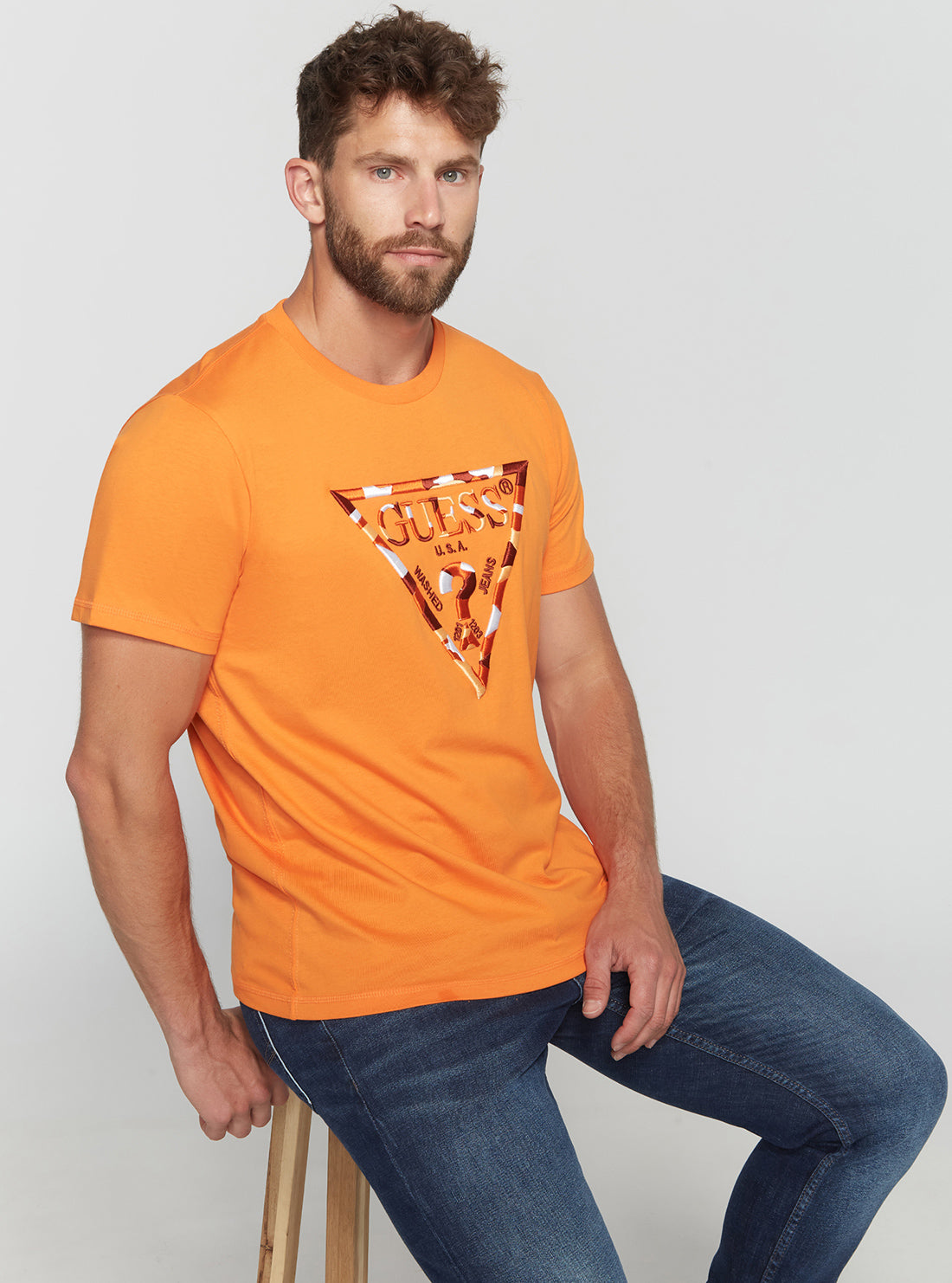 GUESS Men's Eco Orange Gad Logo T-Shirt M2BI33K8FQ4 Seated View