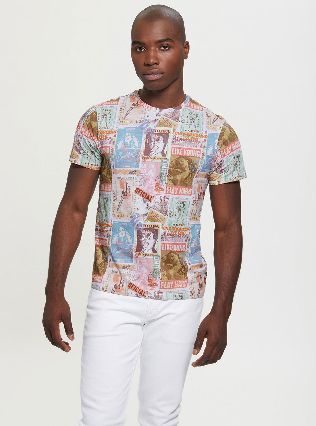 GUESS Men's Eco White Multi Global Postcard T-Shirt M2BI62K9RM4 Front View