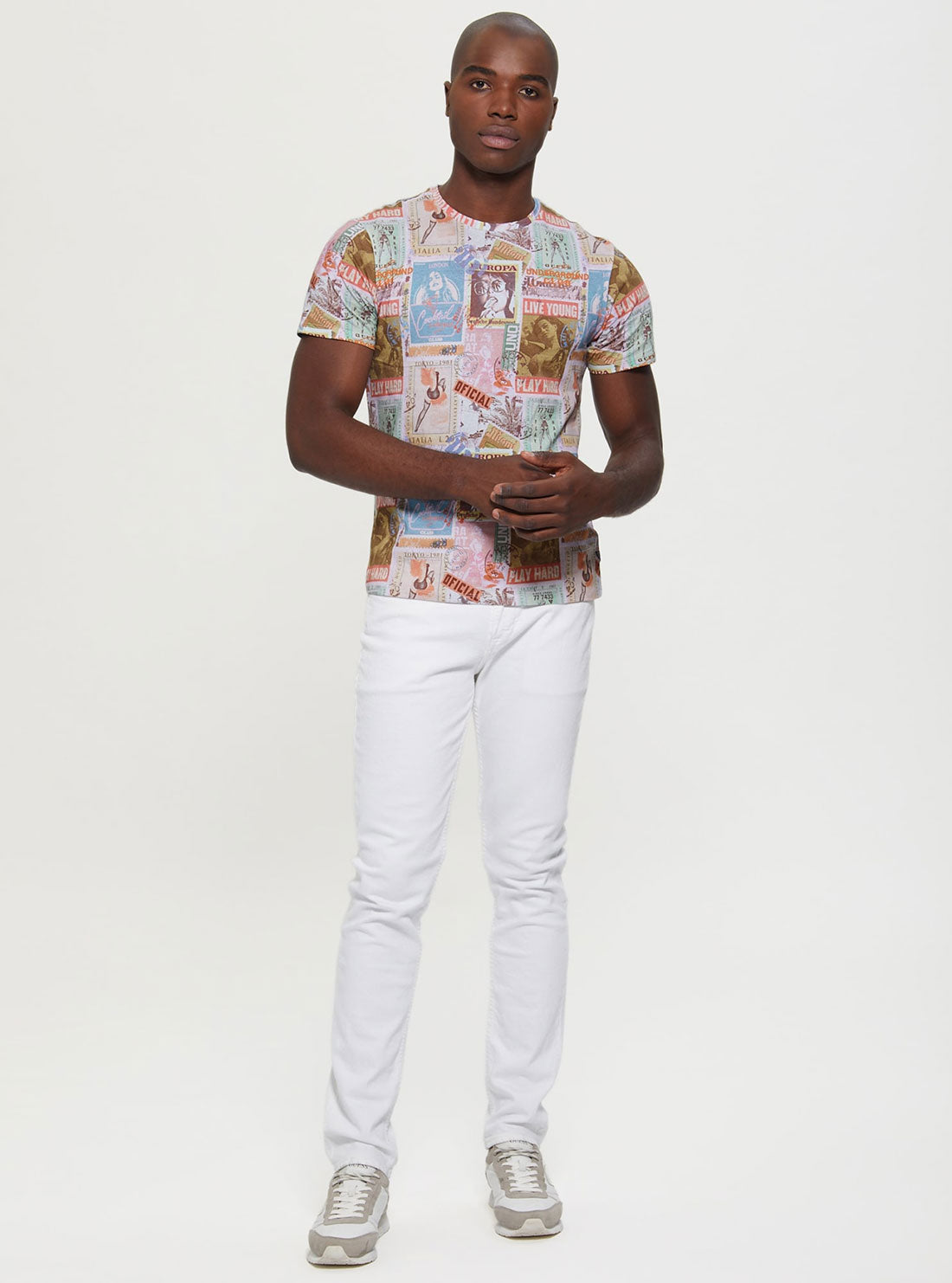 GUESS Men's Eco White Multi Global Postcard T-Shirt M2BI62K9RM4 Full View