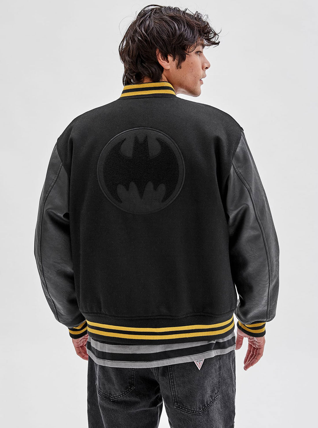 GUESS Men's Guess Originals x Batman Black Letterman Jacket M2BL08WEV60 Back View
