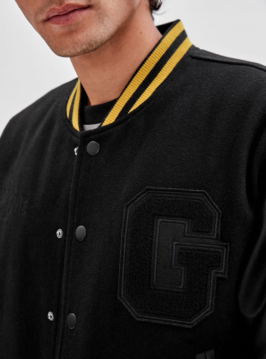 GUESS Men's Guess Originals x Batman Black Letterman Jacket M2BL08WEV60 Front Detail View