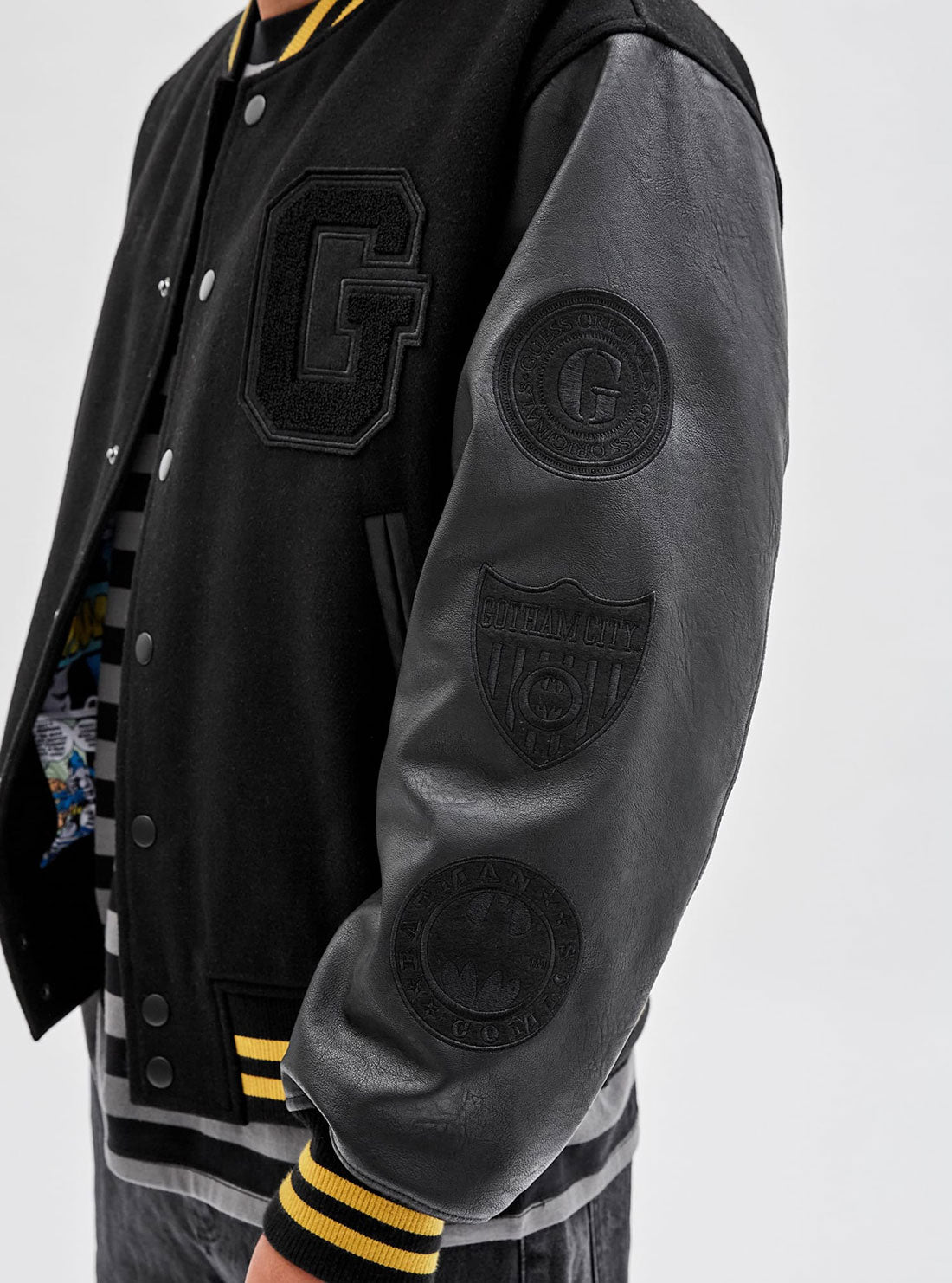 GUESS Men's Guess Originals x Batman Black Letterman Jacket M2BL08WEV60 Side Detail View
