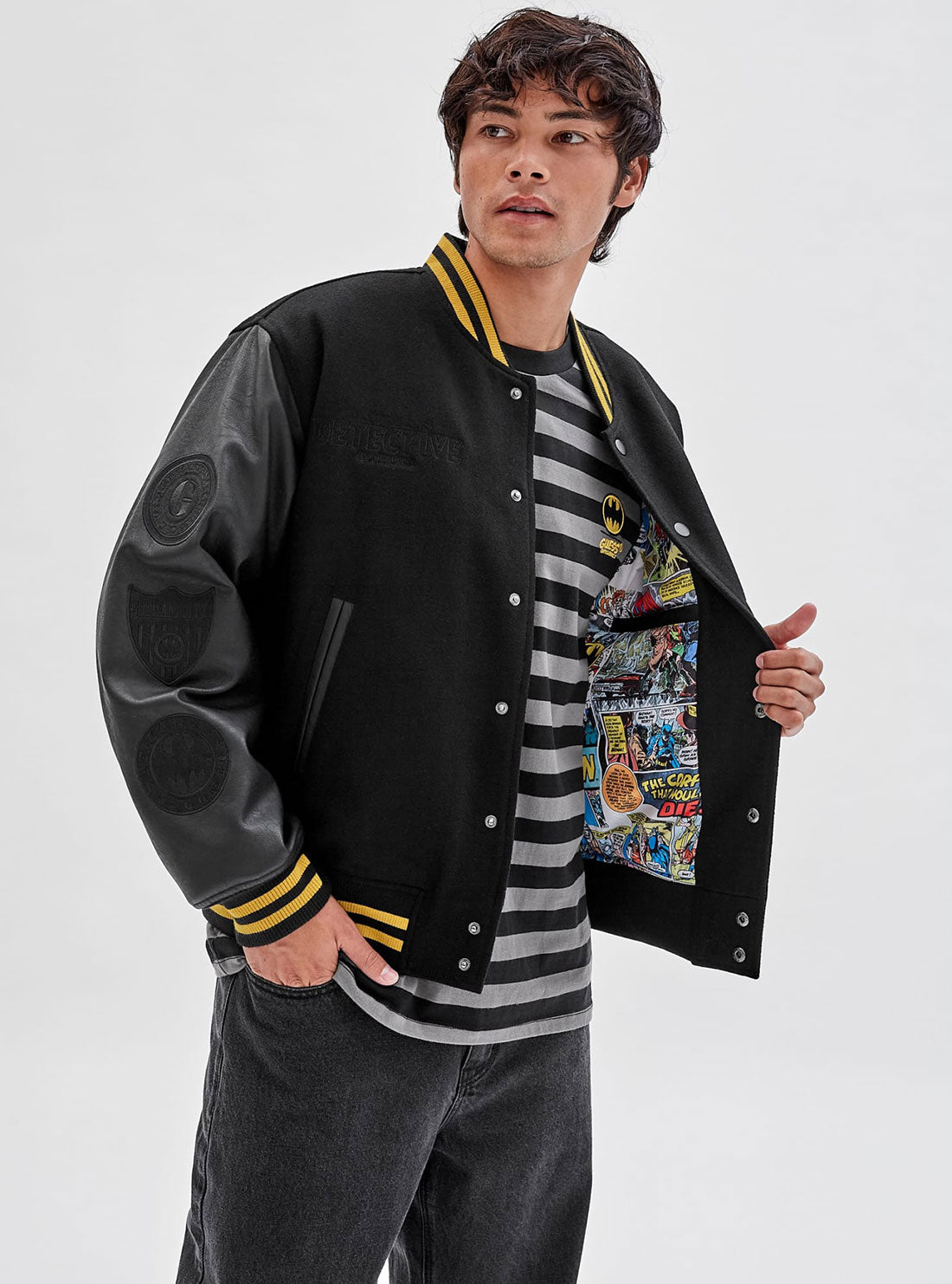 GUESS Men's Guess Originals x Batman Black Letterman Jacket M2BL08WEV60 Side View