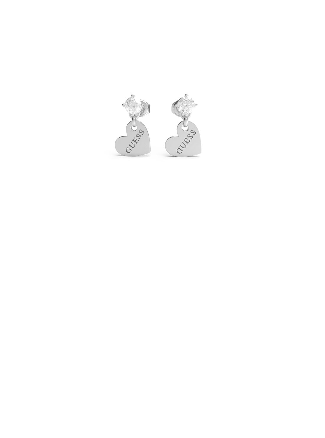 GUESS Women's Silver Heart Logo Crystal Stud Earrings Front View