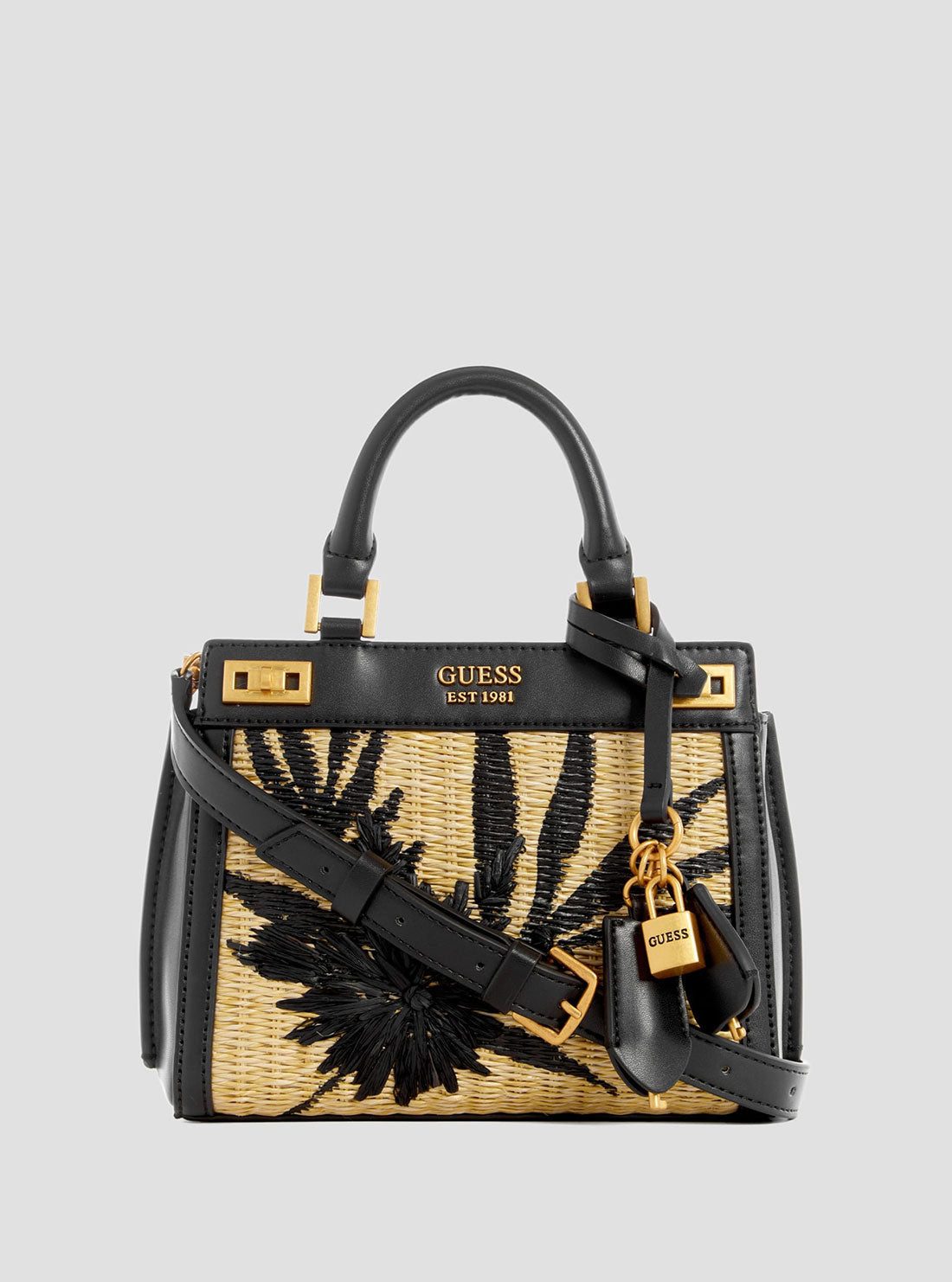 GUESS Women's Black Floral Katey Mini Satchel Bag WA787073 Front View