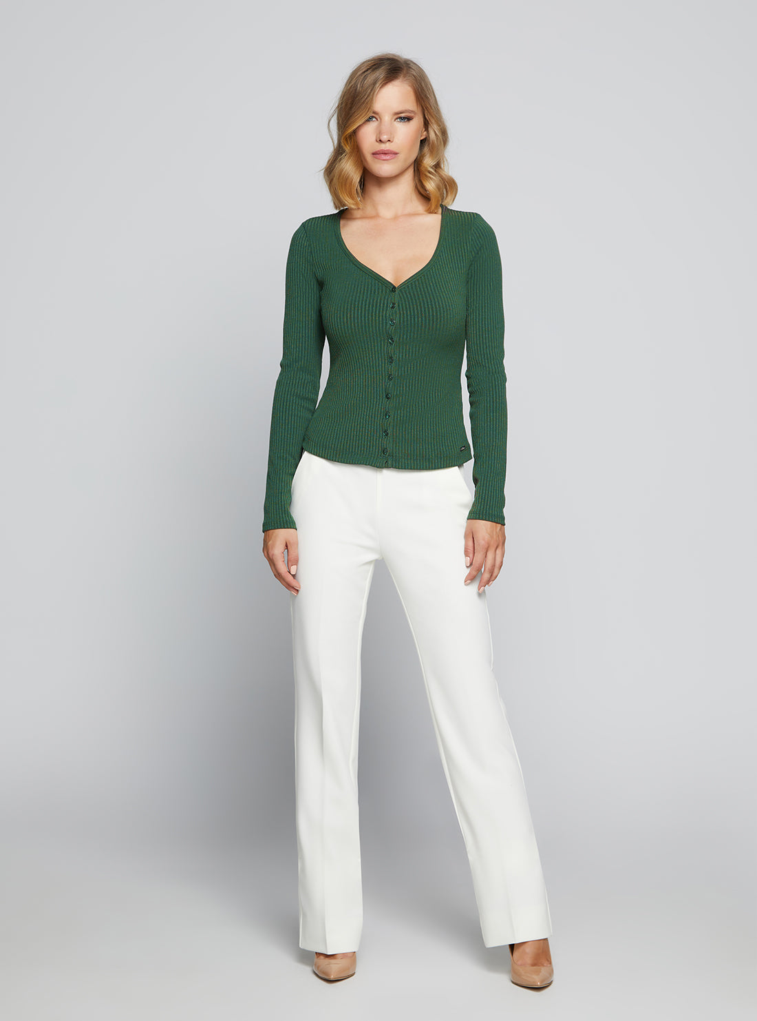 GUESS Women's Eco Green Raylynn Rib Henley Top W2BP61K86Z2 Full View