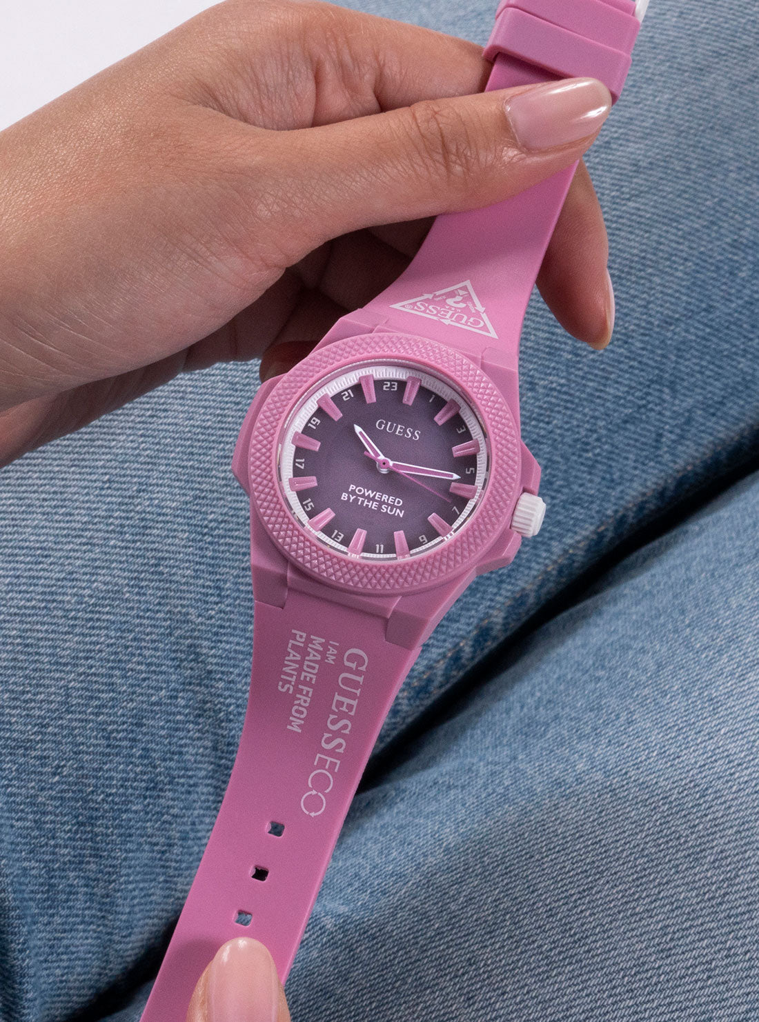 GUESS Women's Eco Pink Outspoken Nylon Watch GW0587L3 Hand View