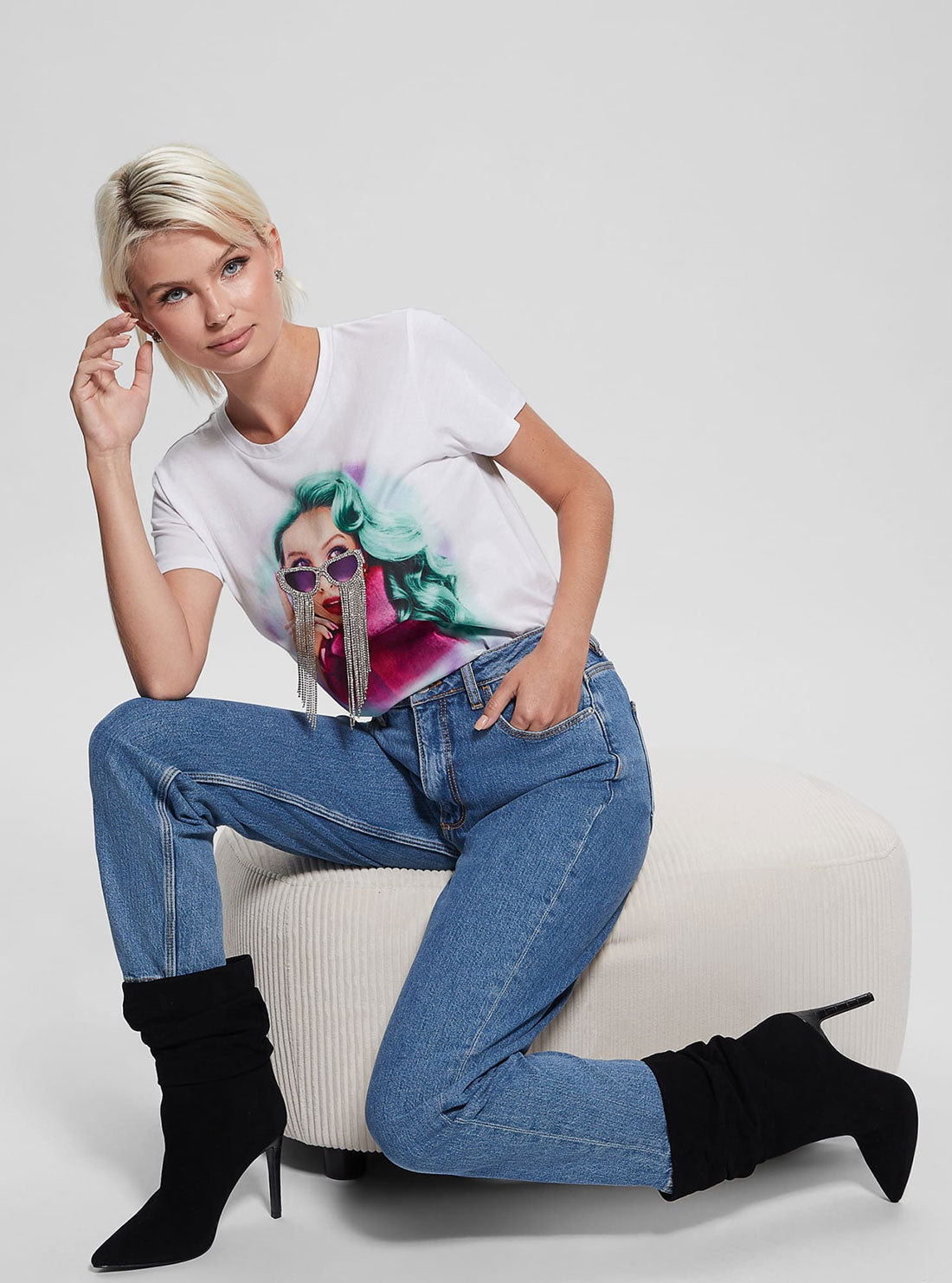 GUESS Women's Eco White Fringe Glasses Graphic T-Shirt W2BI35K9RM4 Seated View