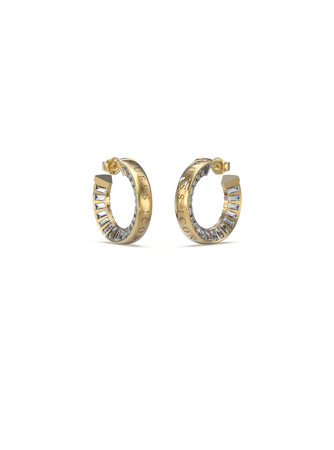 GUESS Women's Gold Crystal Baguette Hoop Earrings JUBE03008JWYGT Front View