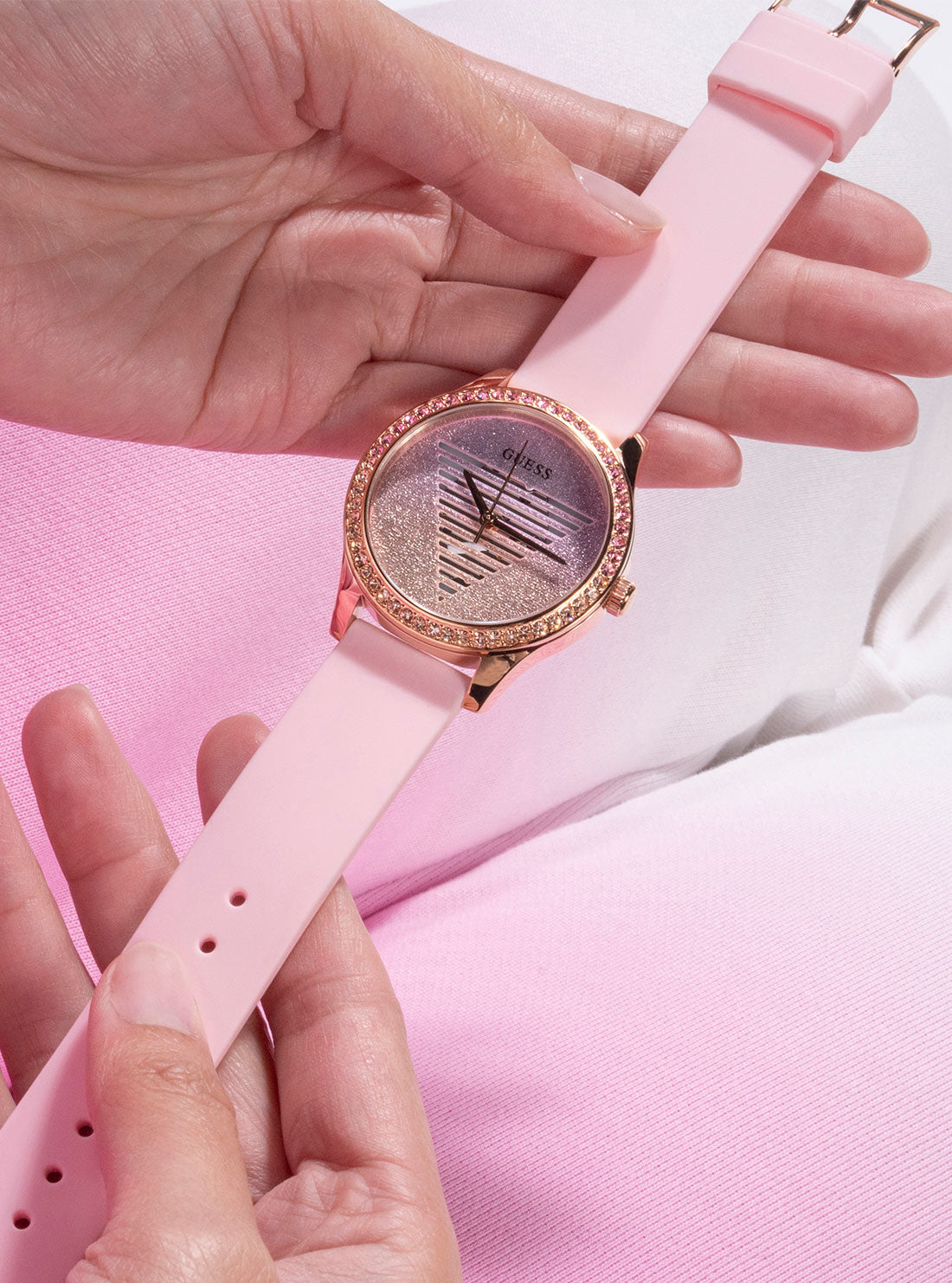 GUESS Women's Pink Lady Idol Silicone Watch GW0530L4 Hand View