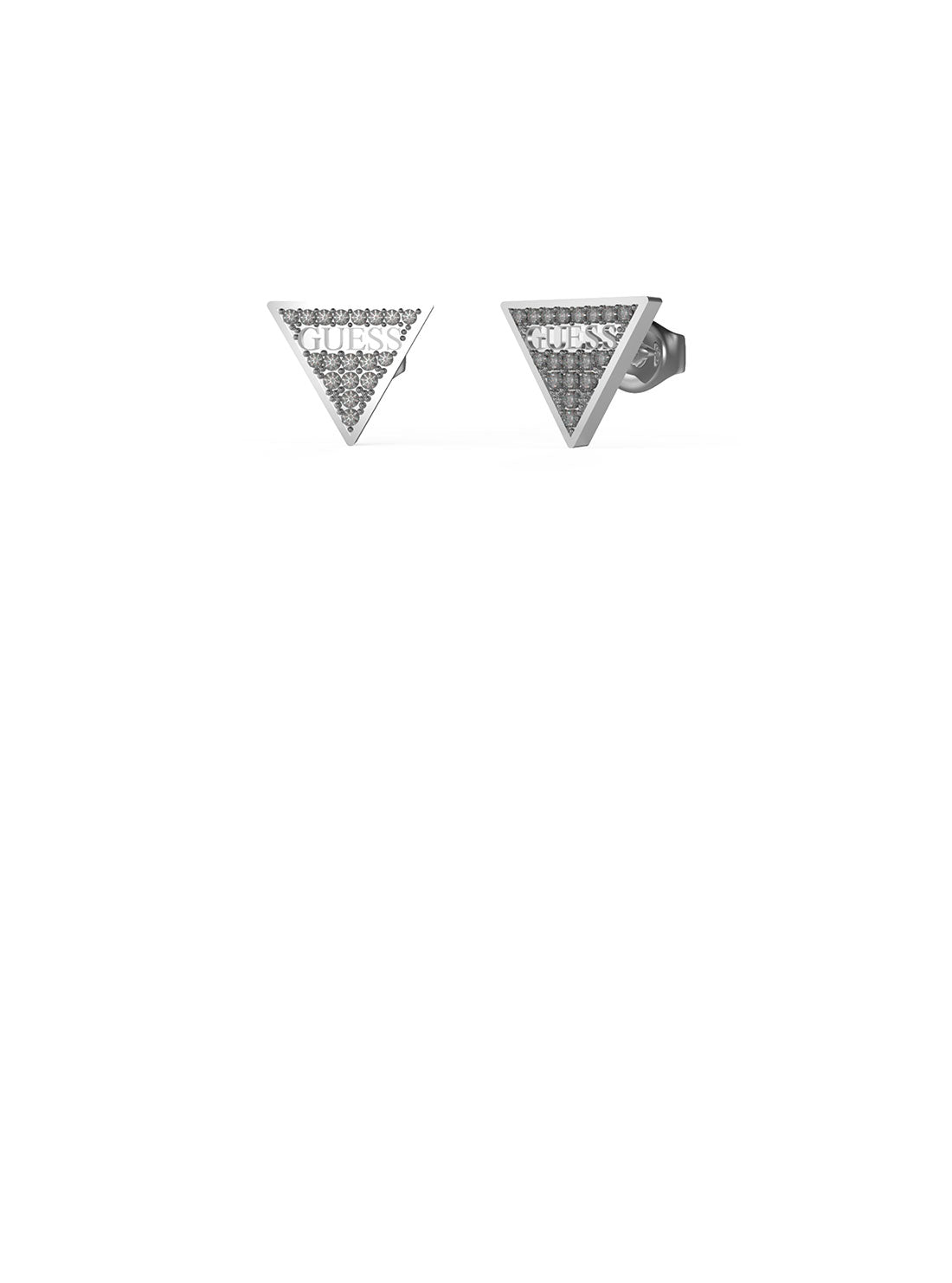 GUESS Women's Silver Crystal Triangle Logo Stud Earrings UBE02156JWRH Front View