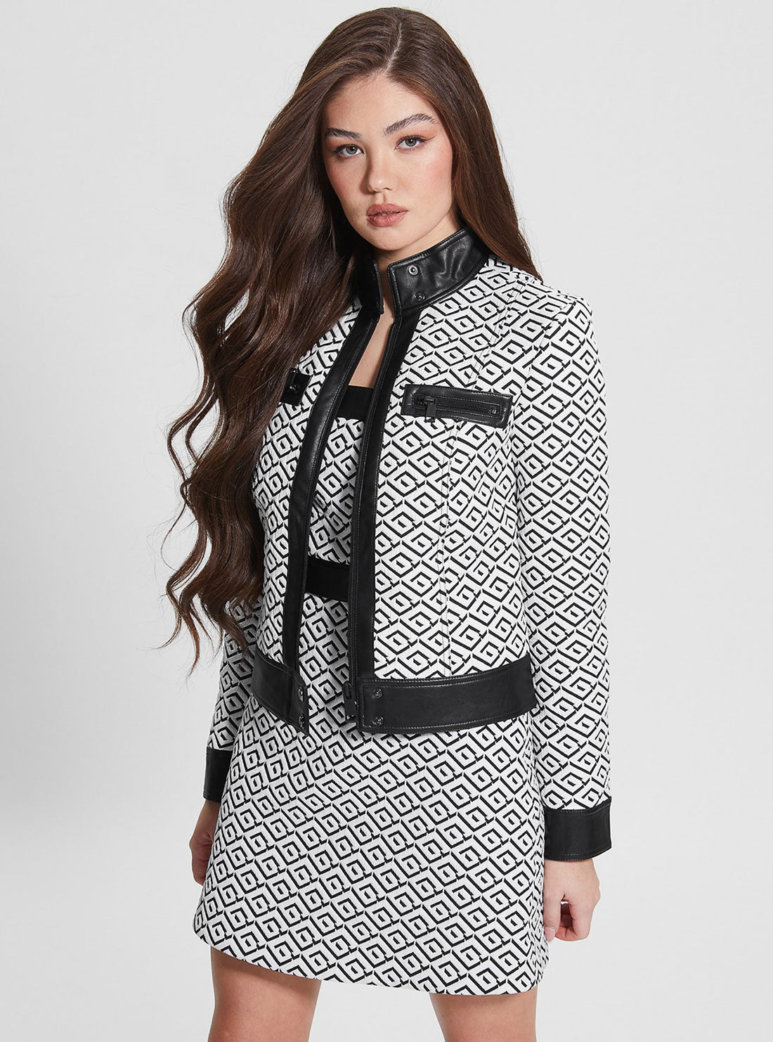GUESS Women's White Black Logo Greta Jacket W3RL10WF5F0 Front View