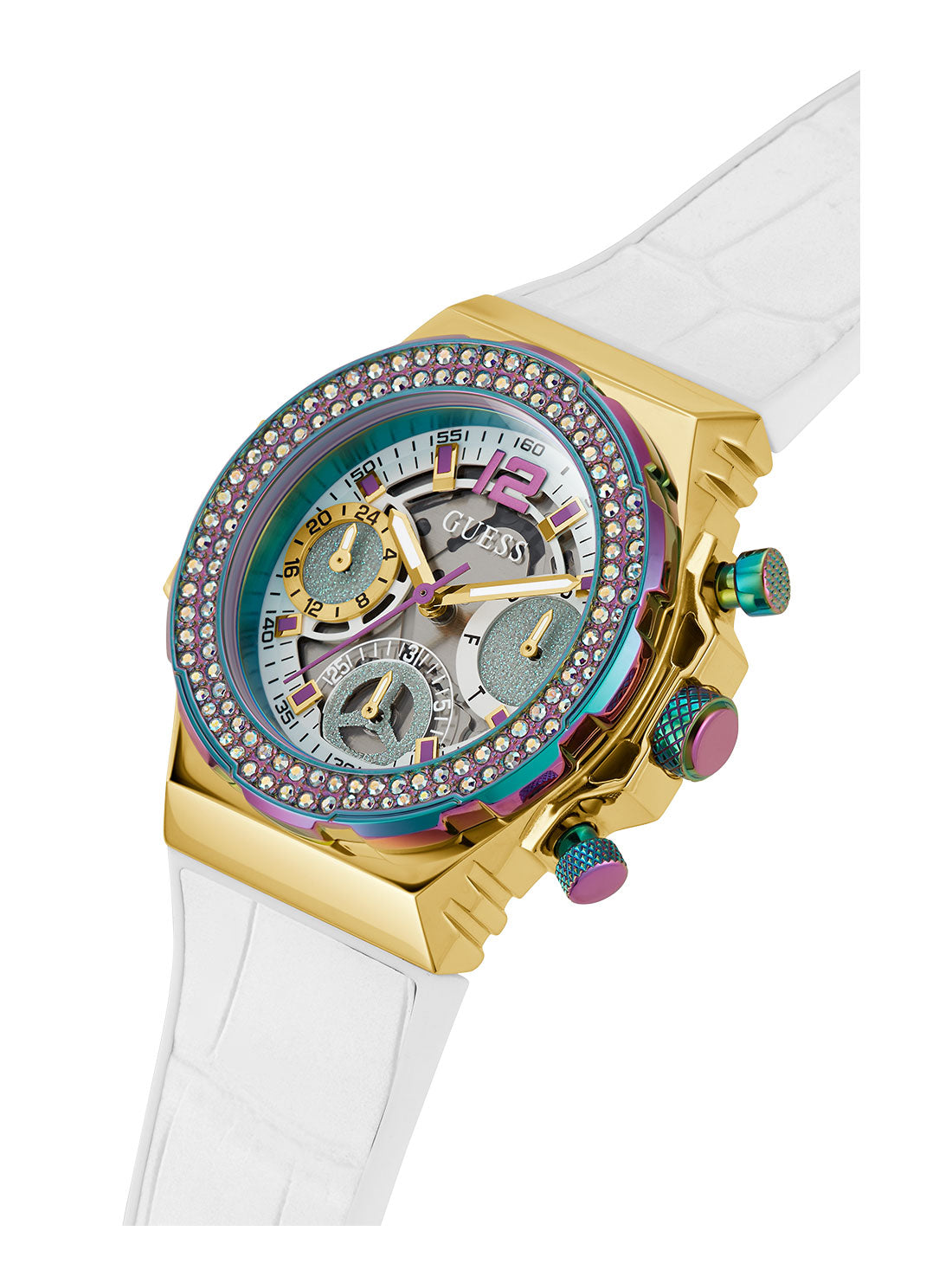 GUESS Women's White Irridescent Fusion Silicone Watch GW0553L2 Angle View