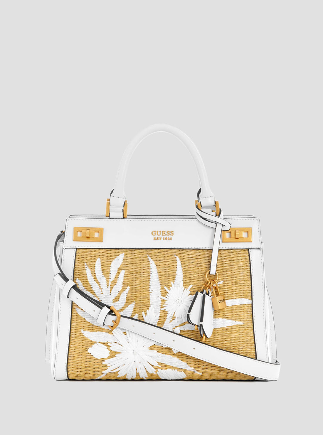 GUESS Women's White Palm Katey Luxury Satchel Bag WA787026 Front View
