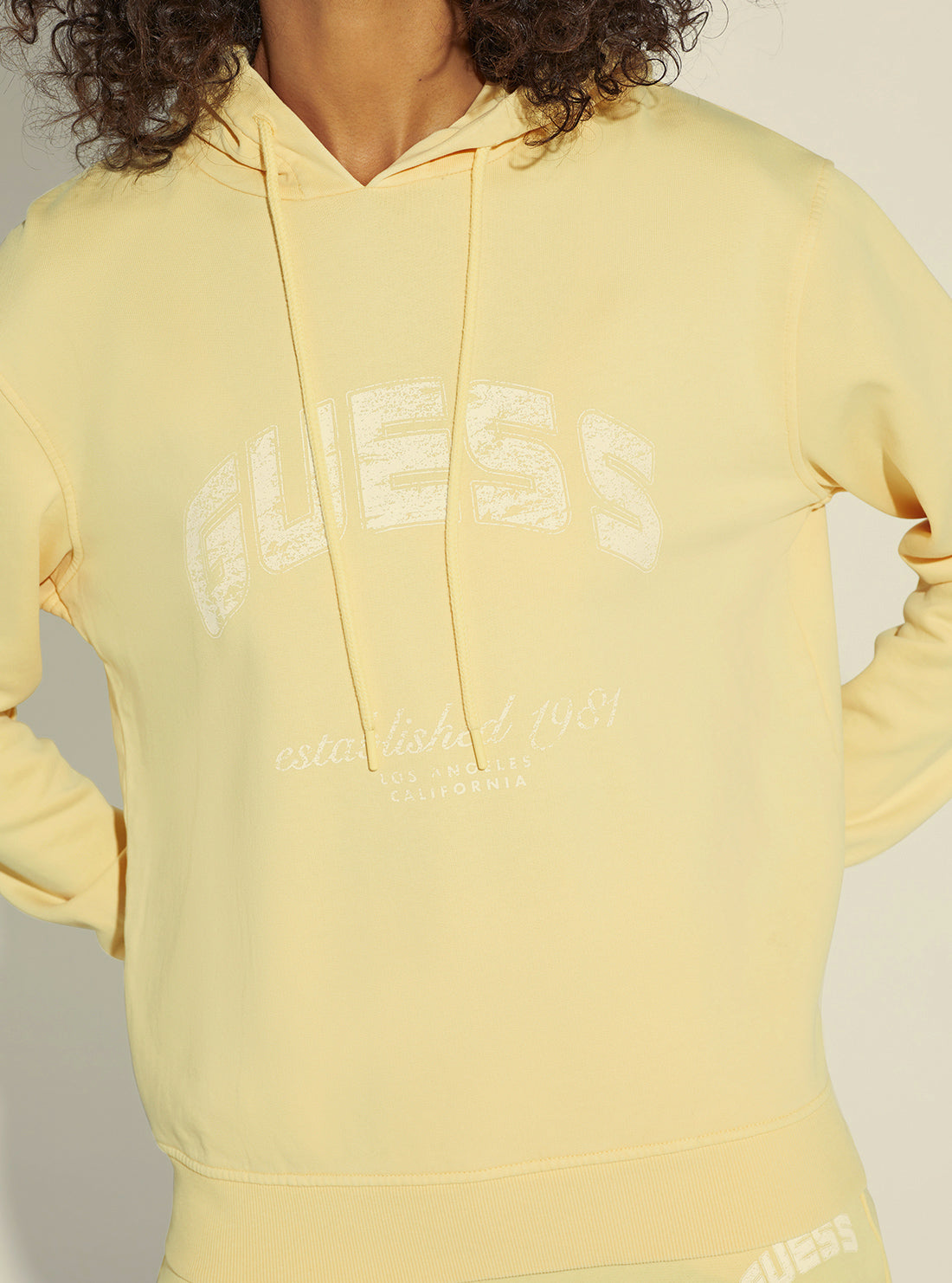 GUESS Women's Yellow Bryony Active Logo Hoodie Jumper V2YQ02FL04D Detail View