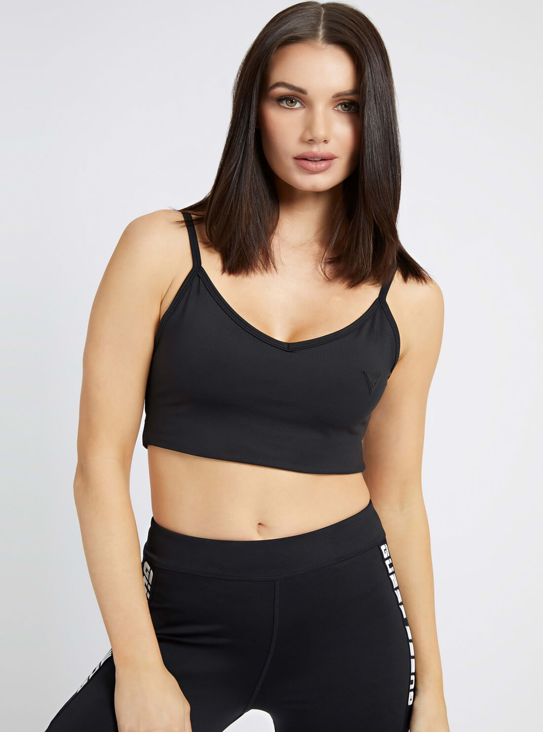 GUESS Womens Eco Black  Angelica Crop Active Bra V2RP11MC03W Front View