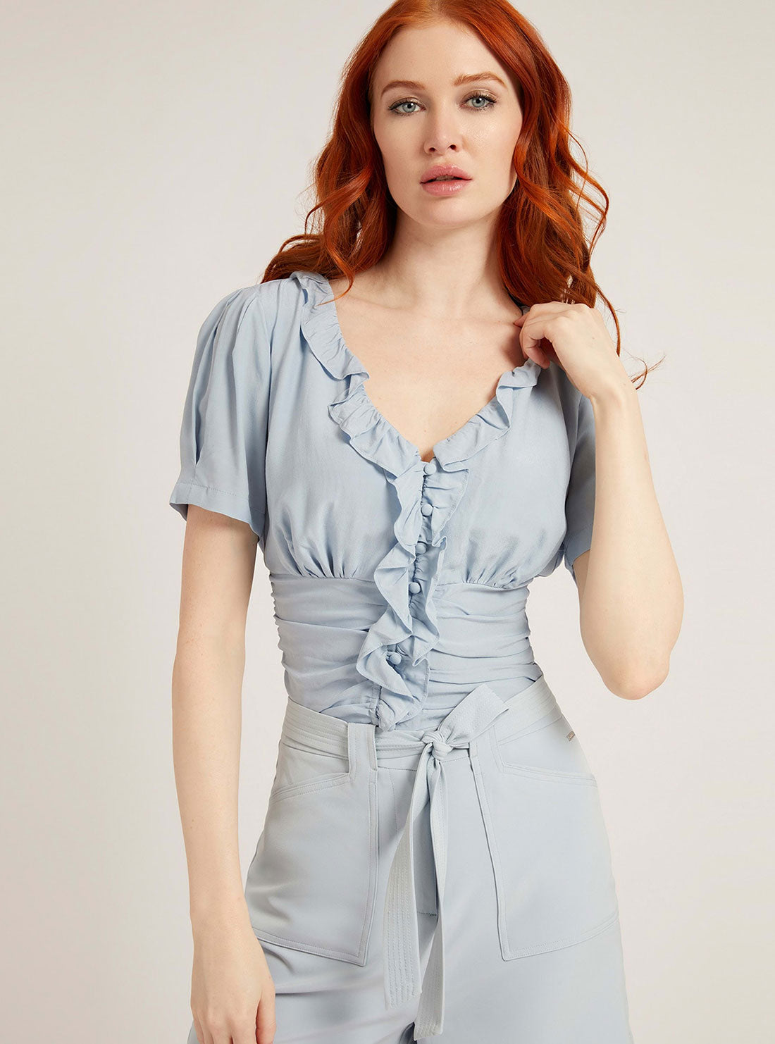 GUESS Womens Blue Tiziana Frill Top W2GH58WEKV0 Front View