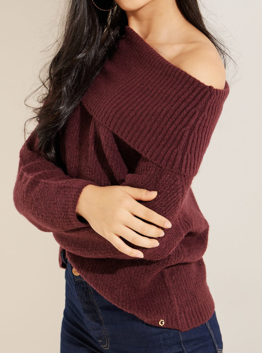 GUESS Womens Eco Burgundy Gerri Off Shoulder Knit Top W2RR31Z2YZ0 Detail View